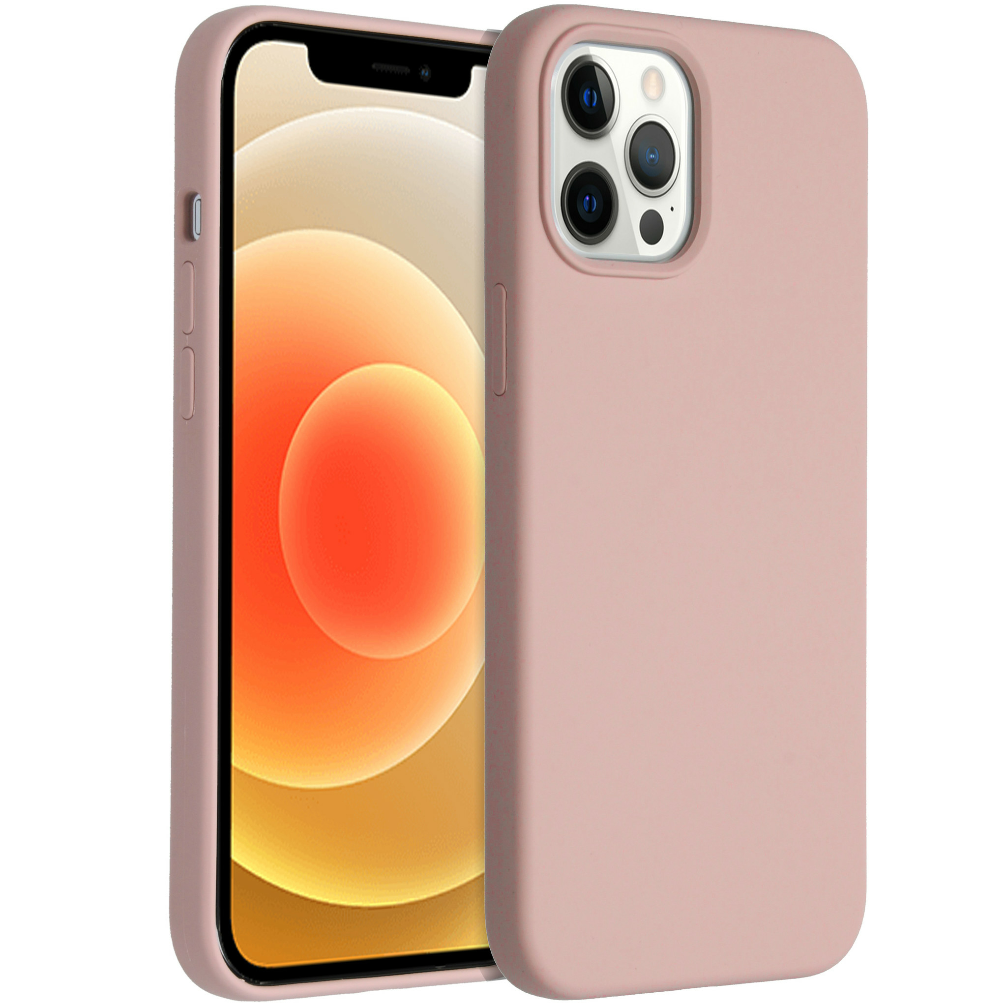 Une coque de téléphone rose avec un téléphone à l'intérieur. Le téléphone a un écran noir et un fond doré-orange.