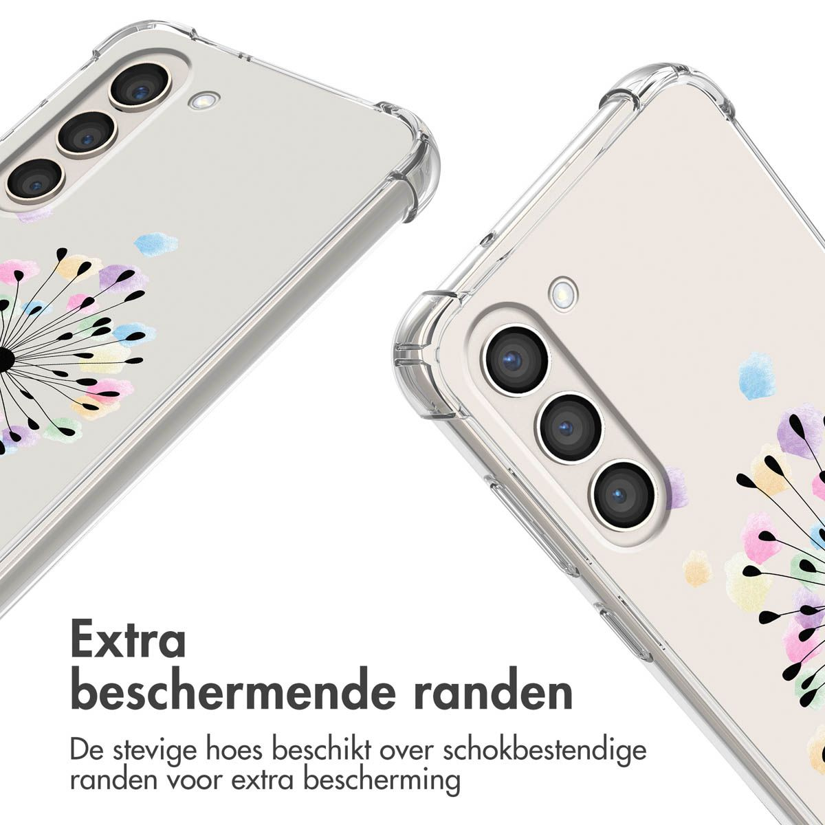 Twee transparante telefoonhoesjes met bloemmotieven. De tekst luidt 'Extra beschermende randen' en 'De robuuste hoes heeft schokbestendige randen voor extra bescherming'.