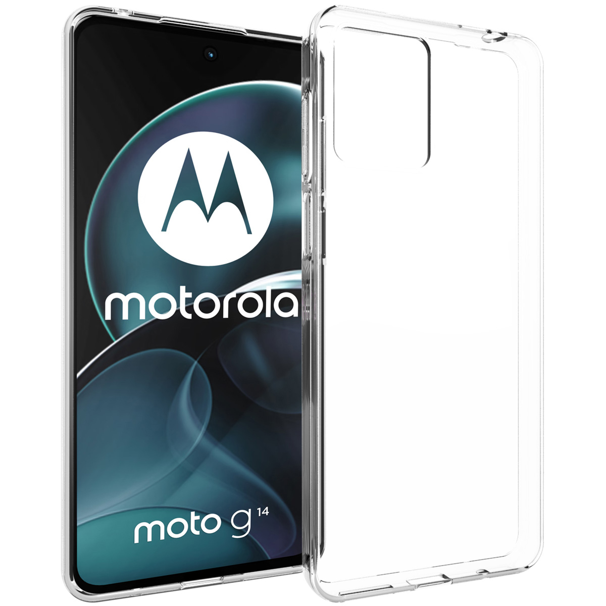 Uno smartphone Motorola Moto G14 con una custodia protettiva trasparente. Lo schermo mostra il logo Motorola e il modello del telefono.