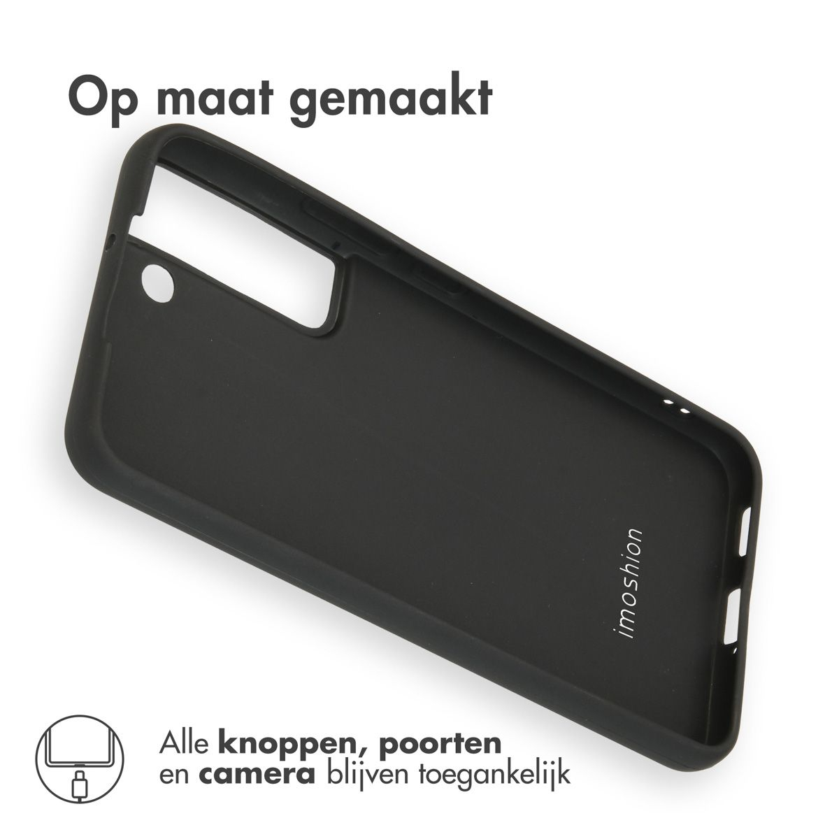 Een zwarte telefoonhoes met de tekst 'Op maat gemaakt'. Het Imoshion-logo is zichtbaar. Tekst geeft aan dat alle knoppen, poorten en de camera toegankelijk zijn.
