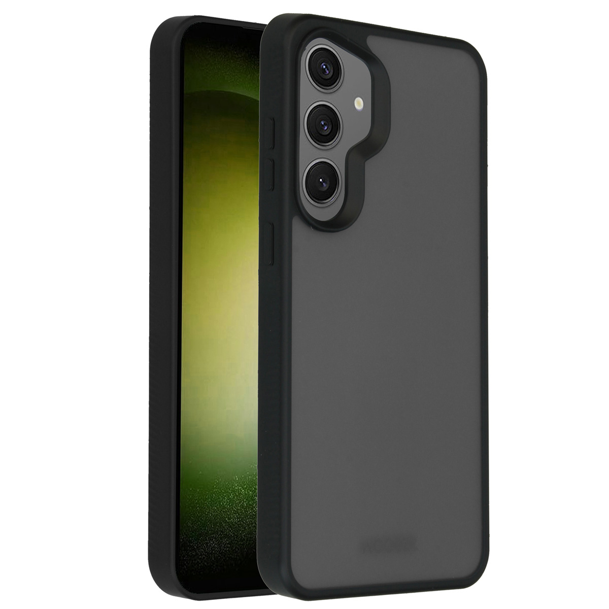 Een donkergrijze telefoonhoes op een zwarte telefoon. De telefoon heeft drie camera's. Het scherm is zichtbaar.