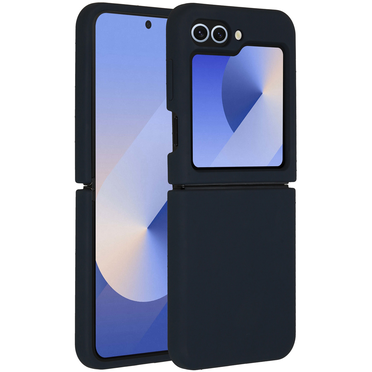 Een donkerblauwe telefoonhoes die open is en een smartphone laat zien. De telefoon heeft een lichtblauw scherm. De hoes heeft twee camera-uitsparingen.
