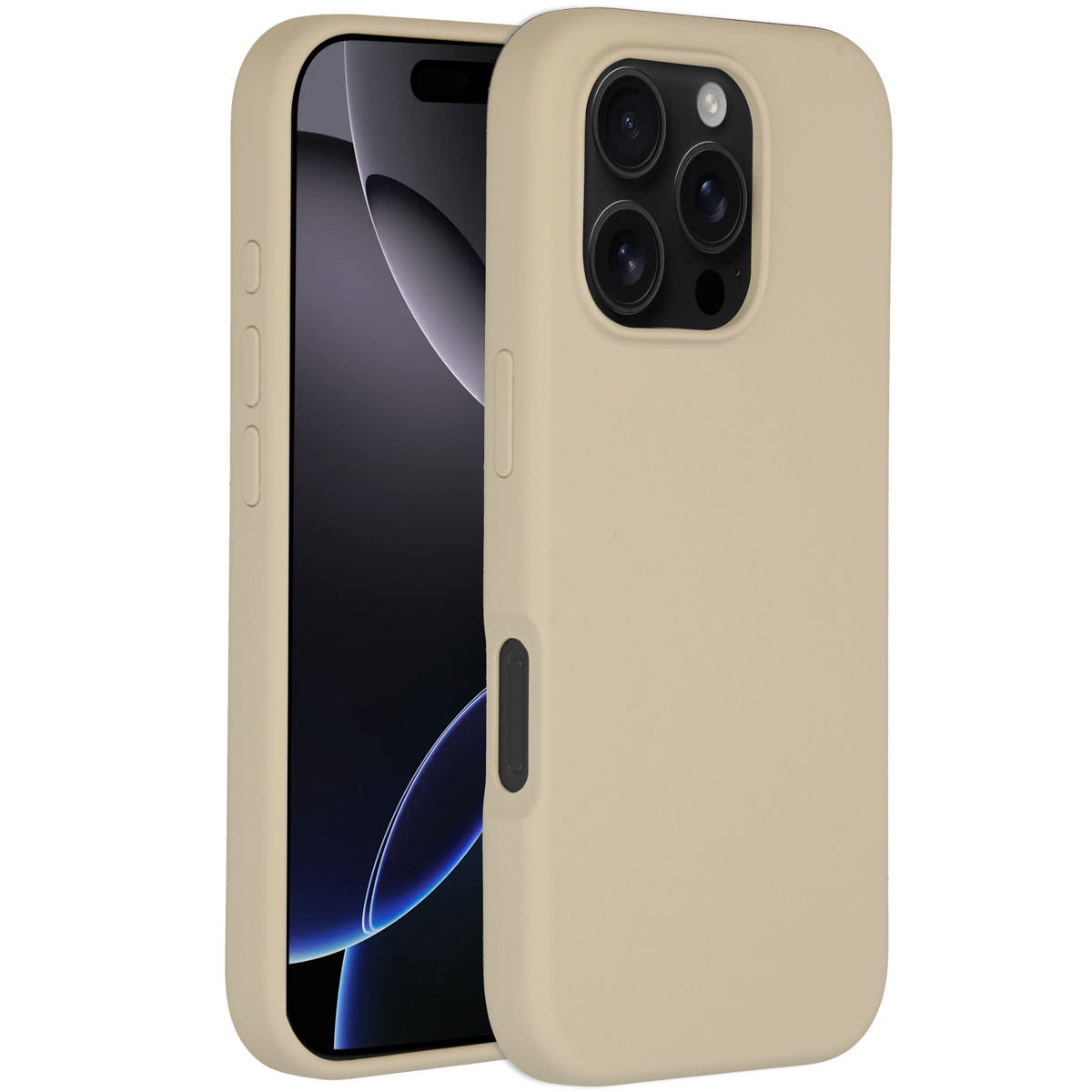 Une coque de téléphone beige avec un téléphone à l'intérieur. Le téléphone a un écran noir. L'étui a des découpes pour l'appareil photo et des boutons.