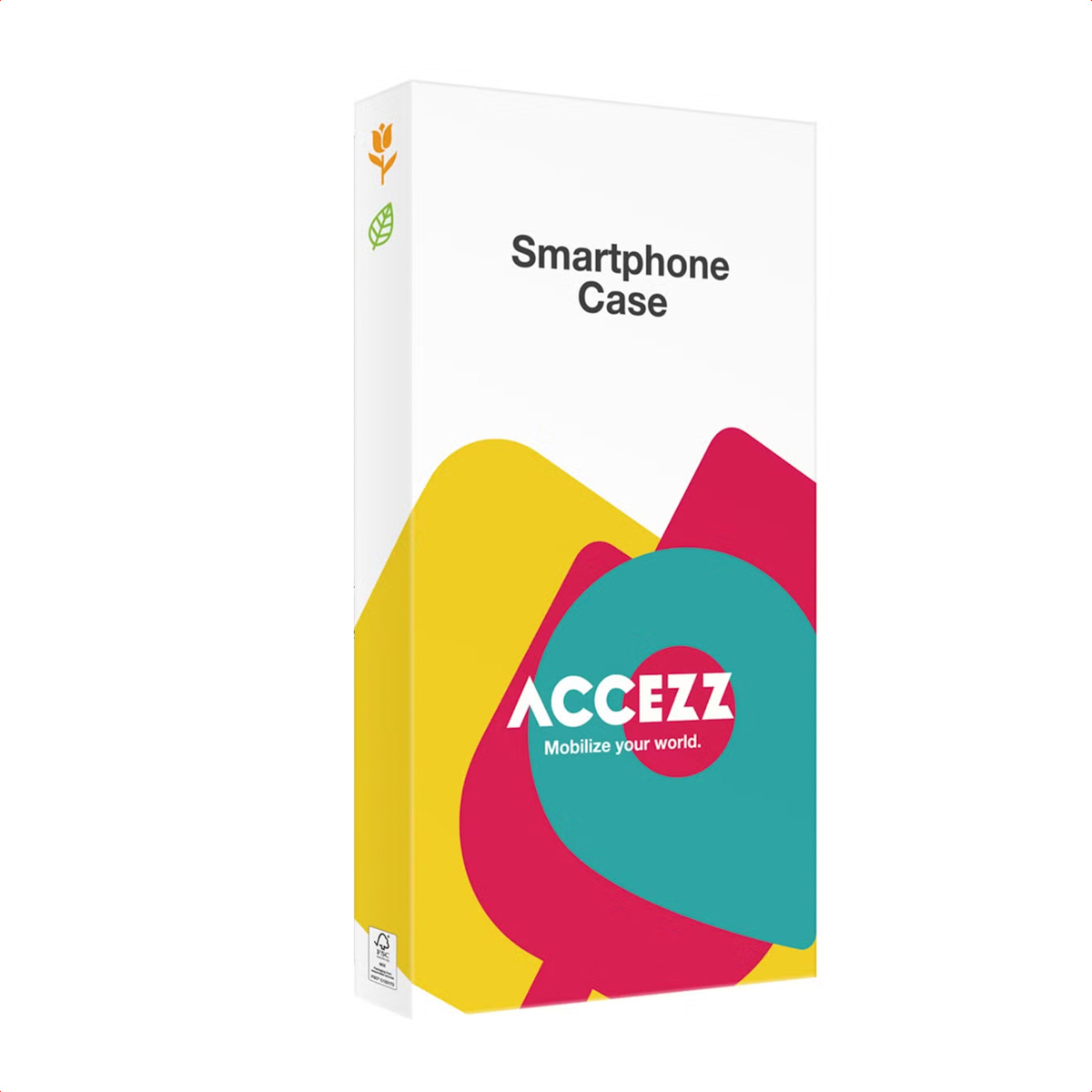 Een witte doos voor een smartphonehoesje. Het heeft gele, roze en turquoise abstracte vormen. De merknaam is ACCEZZ.