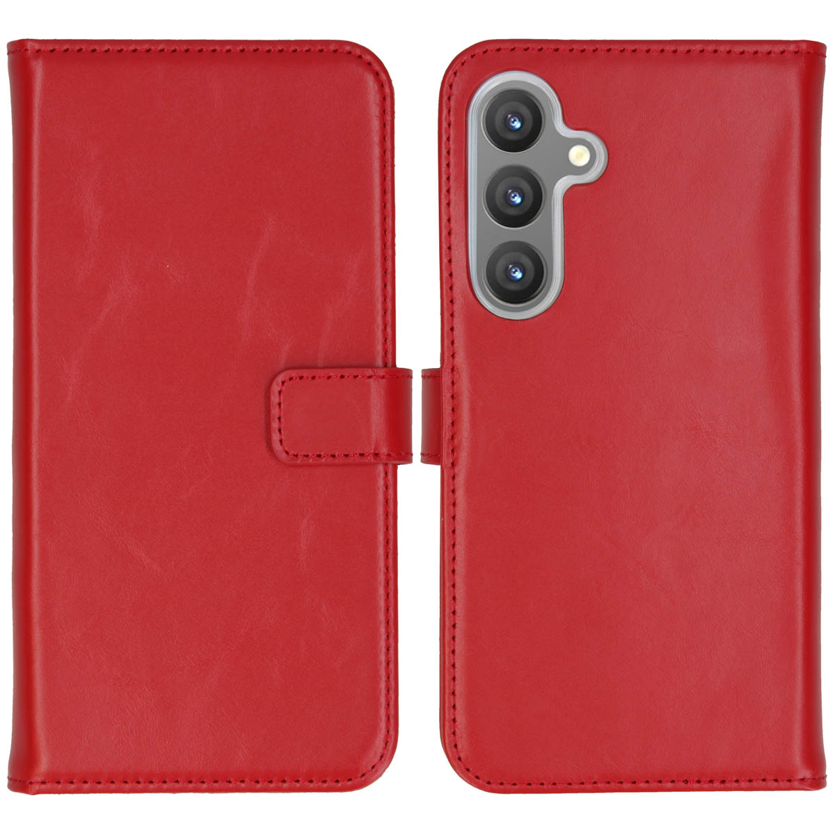 Étui de téléphone en cuir rouge ouvert. Le côté gauche est un rabat, le droit a un appareil photo, les deux avec des coutures.