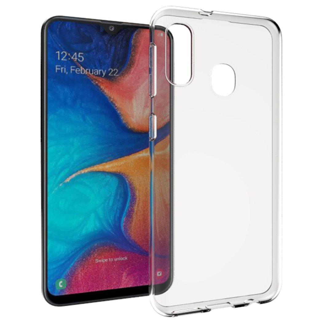 Een smartphone met een doorzichtige hoes. Het scherm toont de tijd, datum en een kleurrijke abstracte achtergrond. De hoes is rechts.