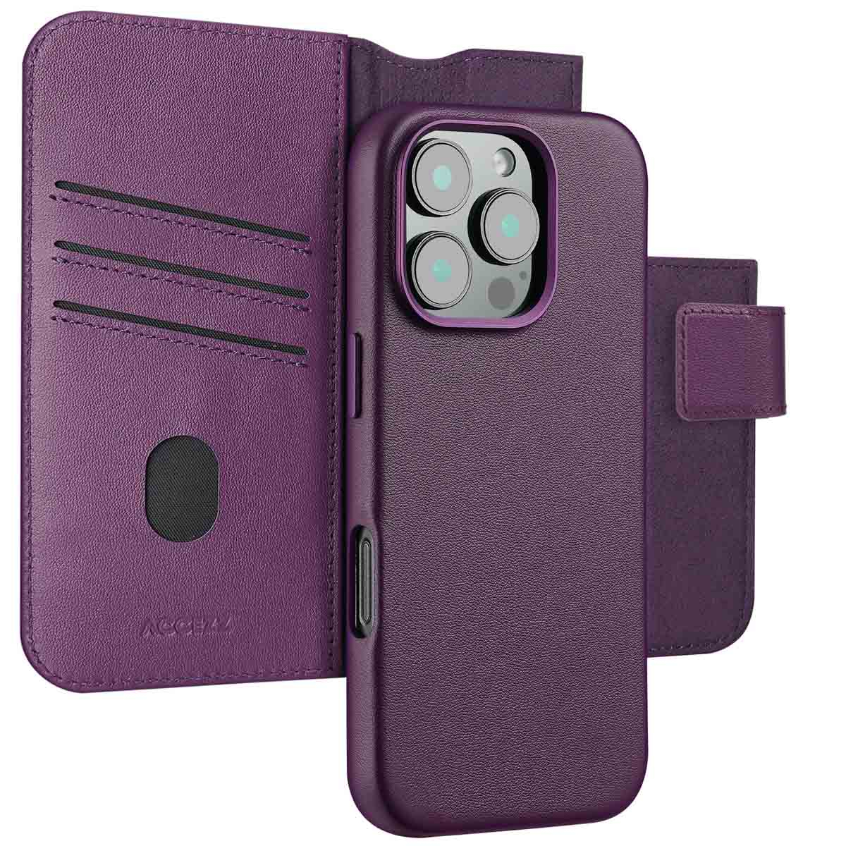Un étui de téléphone violet, style portefeuille, avec des fentes pour cartes et une fermeture magnétique. Les lentilles de l'appareil photo du téléphone sont visibles.