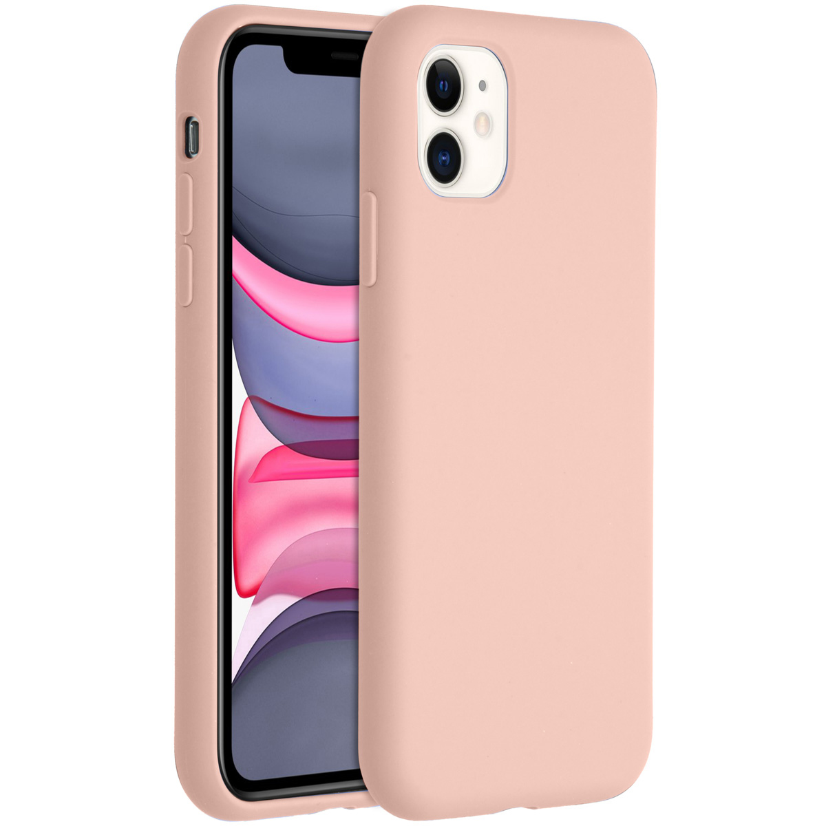 Een roze telefoonhoesje op een witte achtergrond. Een iPhone zit er gedeeltelijk in, met een kleurrijke achtergrond.
