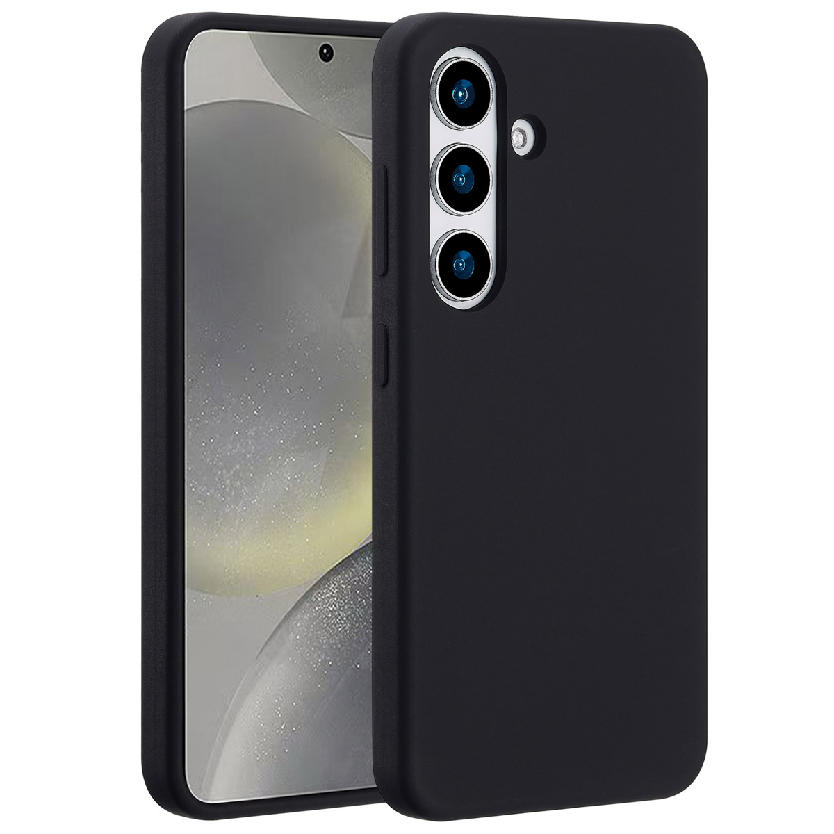 Ein schwarzes Smartphone mit Schutzhülle. Das Telefon hat drei Kameralinsen und eine Frontkamera. Die Hülle bedeckt das Telefon.