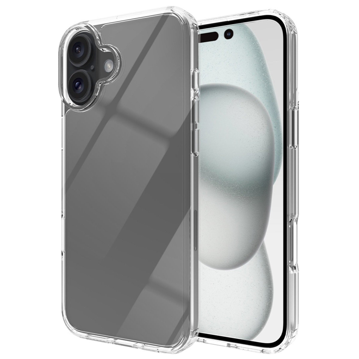 Una custodia trasparente con un telefono dentro. Il telefono ha uno schermo grigio con un design bianco. La custodia ha un ritaglio per la fotocamera.