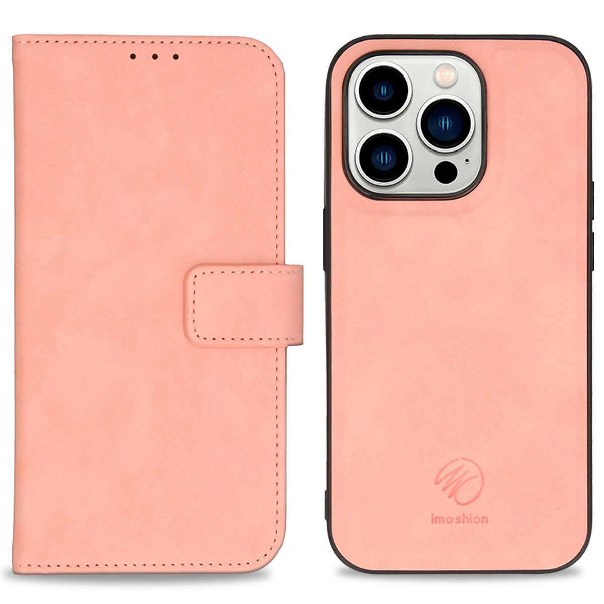 Een roze telefoonhoesje en een folio portemonnee. Het hoesje toont de camera. De portemonnee heeft een magneetsluiting.
