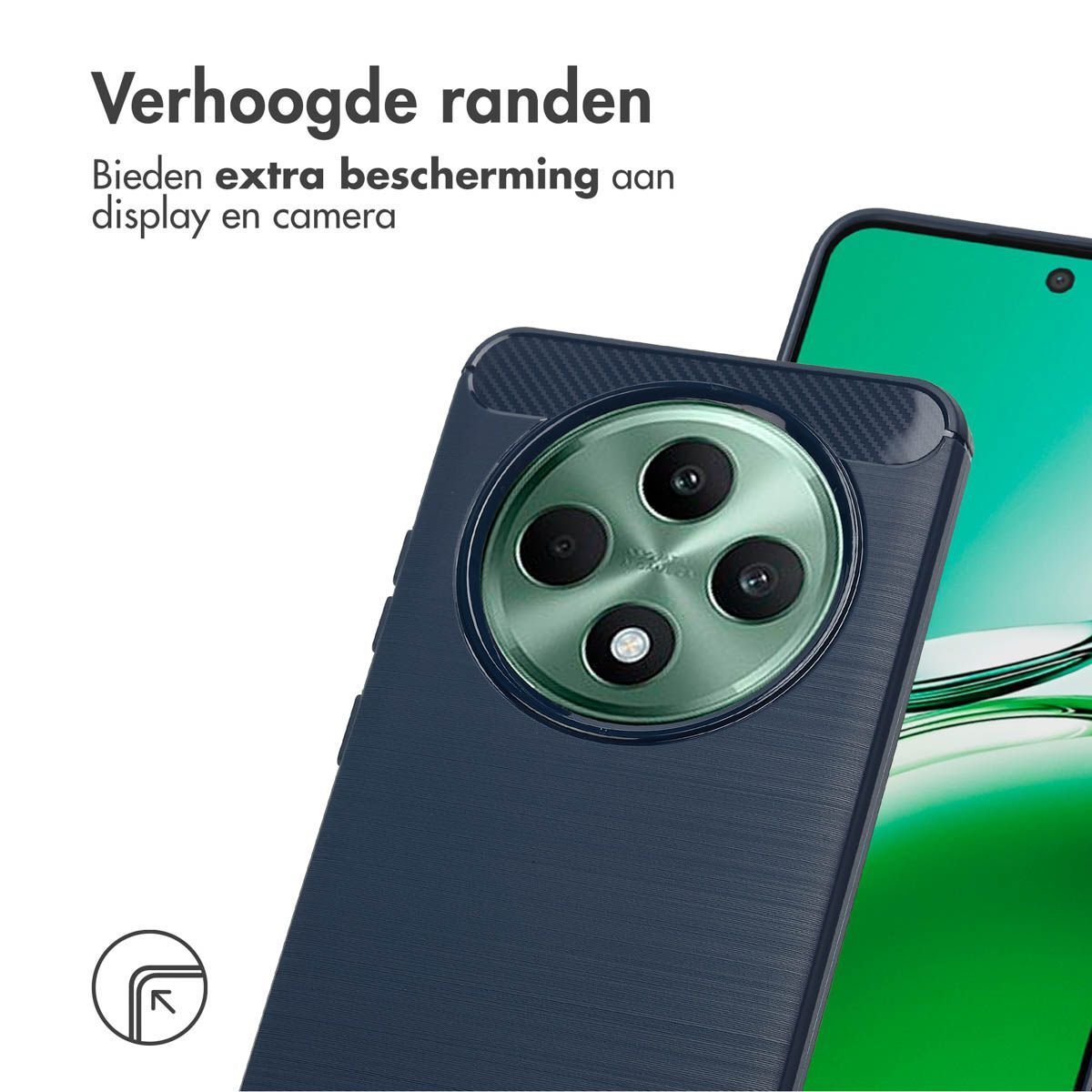 Een donkerblauwe telefoonhoes beschermt de telefoon. Tekst: 'Verhoogde randen bieden extra bescherming voor display en camera'.