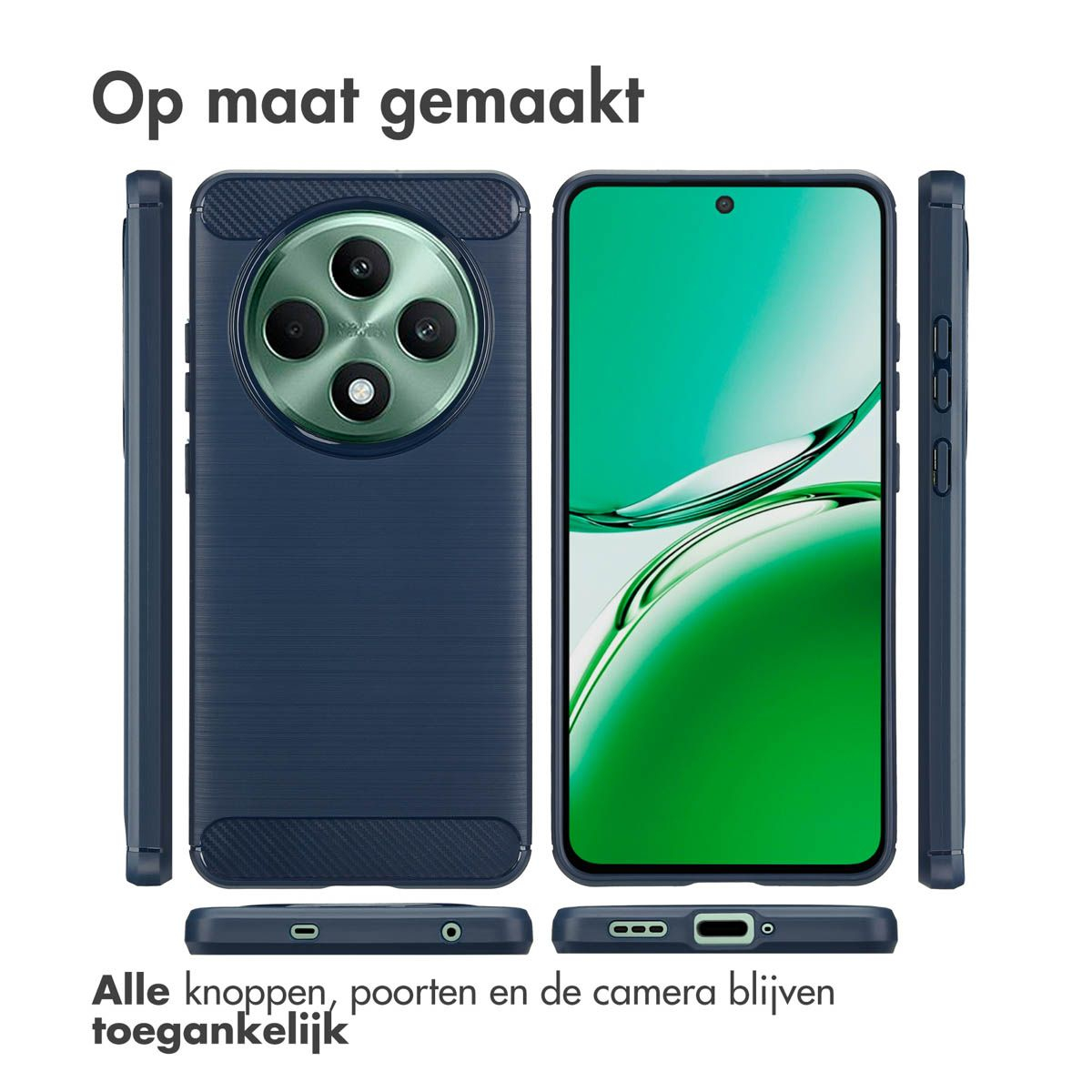Telefoon en hoesje. Donkerblauwe hoes links, telefoon rechts. Tekst boven: 'Op maat gemaakt', onder: 'Alle knoppen...'