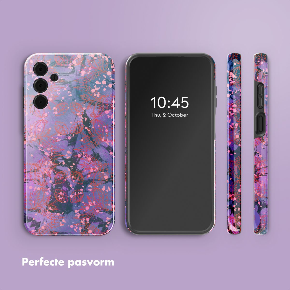 Un téléphone et deux étuis avec un motif floral sont affichés. L'écran du téléphone affiche 10:45. Les étuis et le fond sont violets.