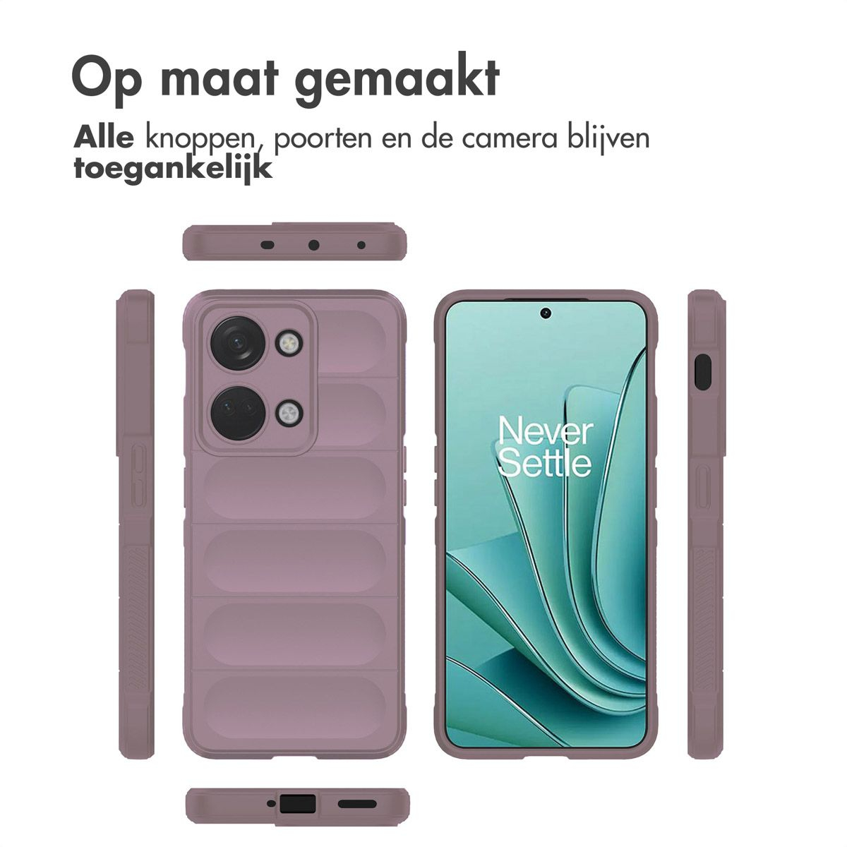 Vengono mostrati una custodia per telefono e un telefono. La custodia è di colore viola, con le parole "Never Settle" sullo schermo.