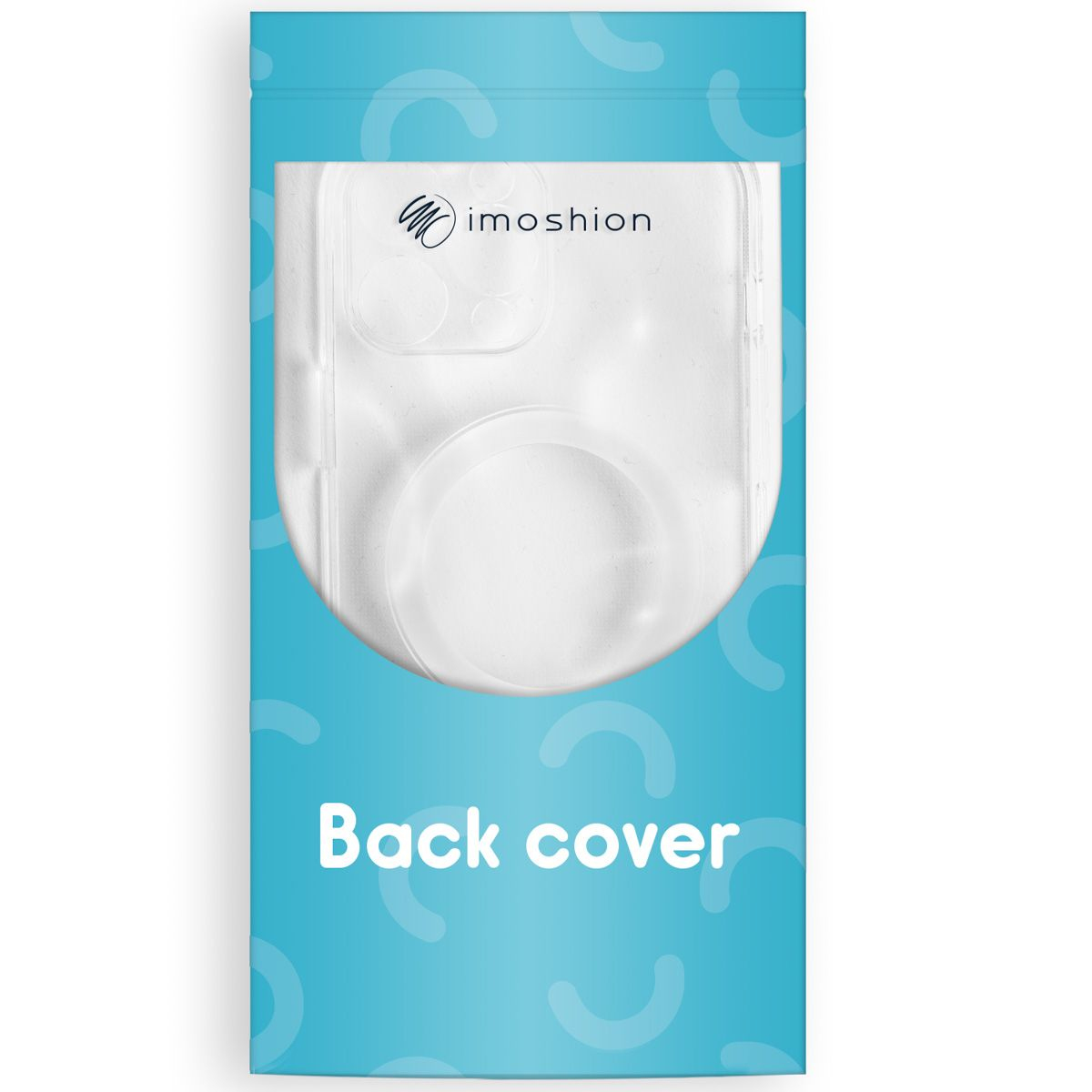 Une coque arrière de téléphone transparente dans un emballage bleu sarcelle. L'emballage porte le logo de la marque et le texte 'Back cover' en blanc.