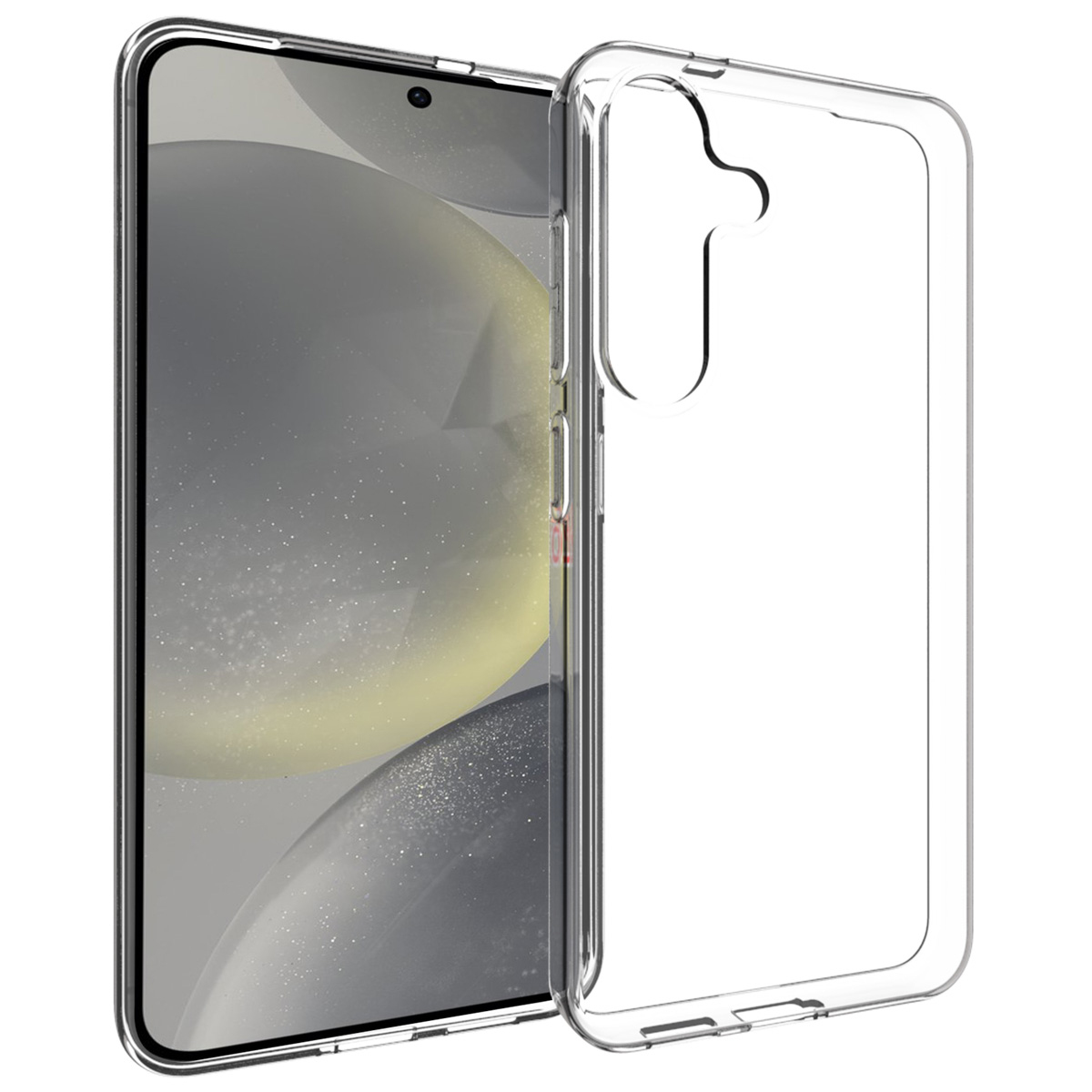 Une coque de téléphone transparente à côté d'un smartphone. L'écran affiche un arrière-plan flou avec des teintes grises et jaunes.