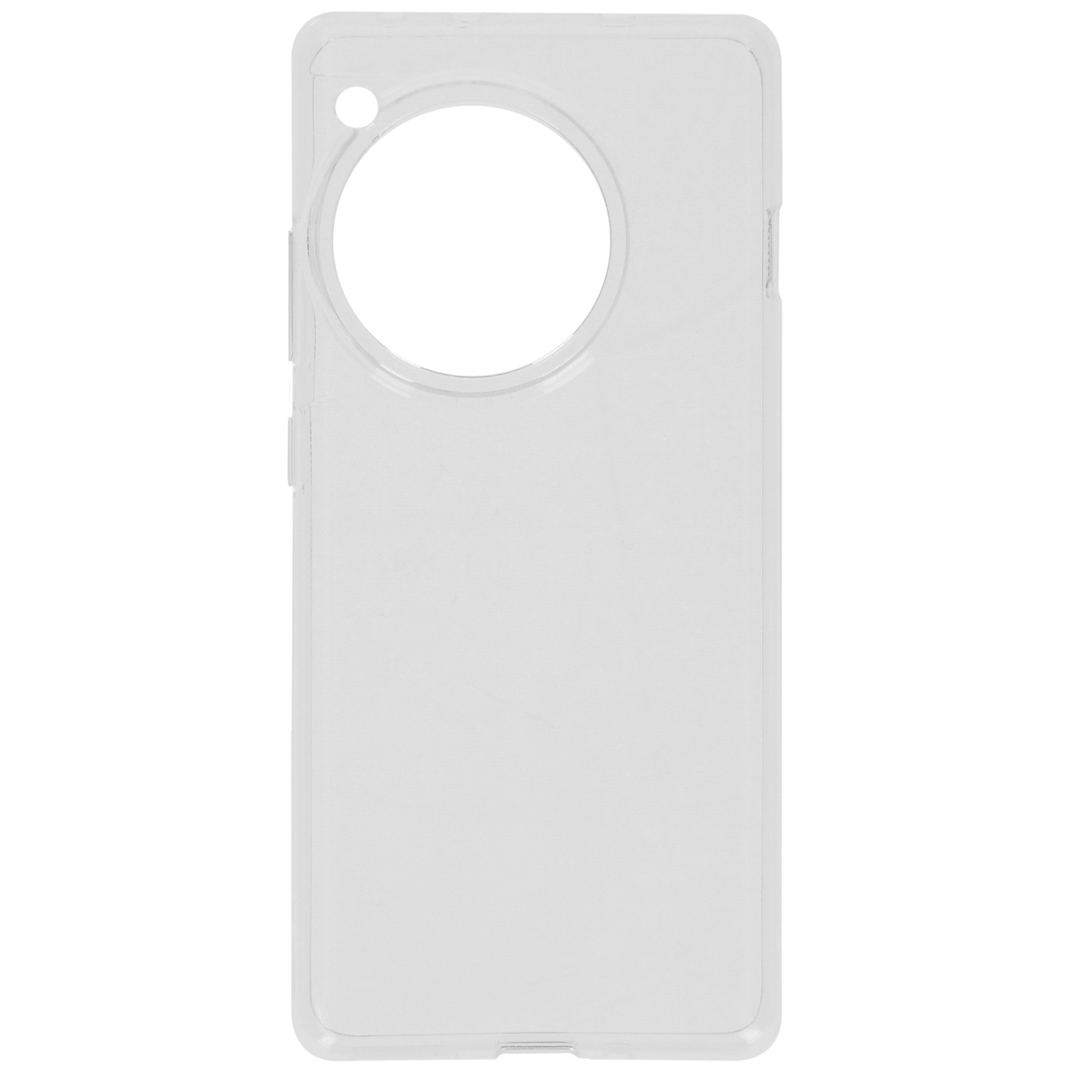 Una custodia trasparente e rettangolare per telefono con un grande ritaglio circolare per la fotocamera. Design trasparente, sfondo bianco.