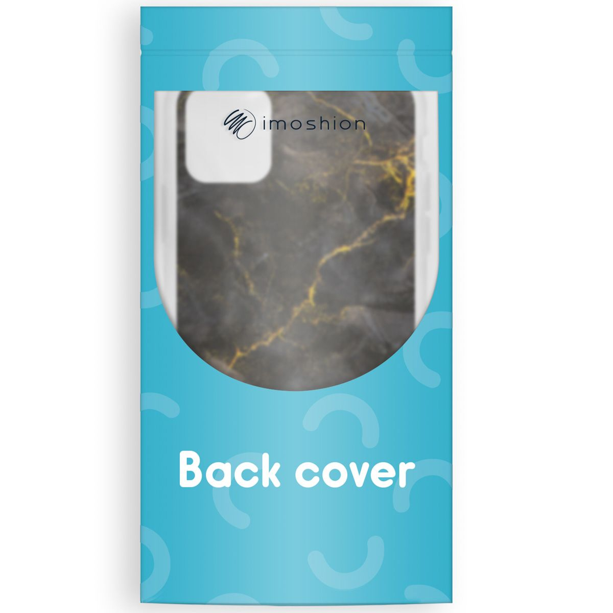 Une coque de téléphone dans un emballage transparent. La coque a un motif marbré. L'emballage est bleu et indique 'Back cover'.