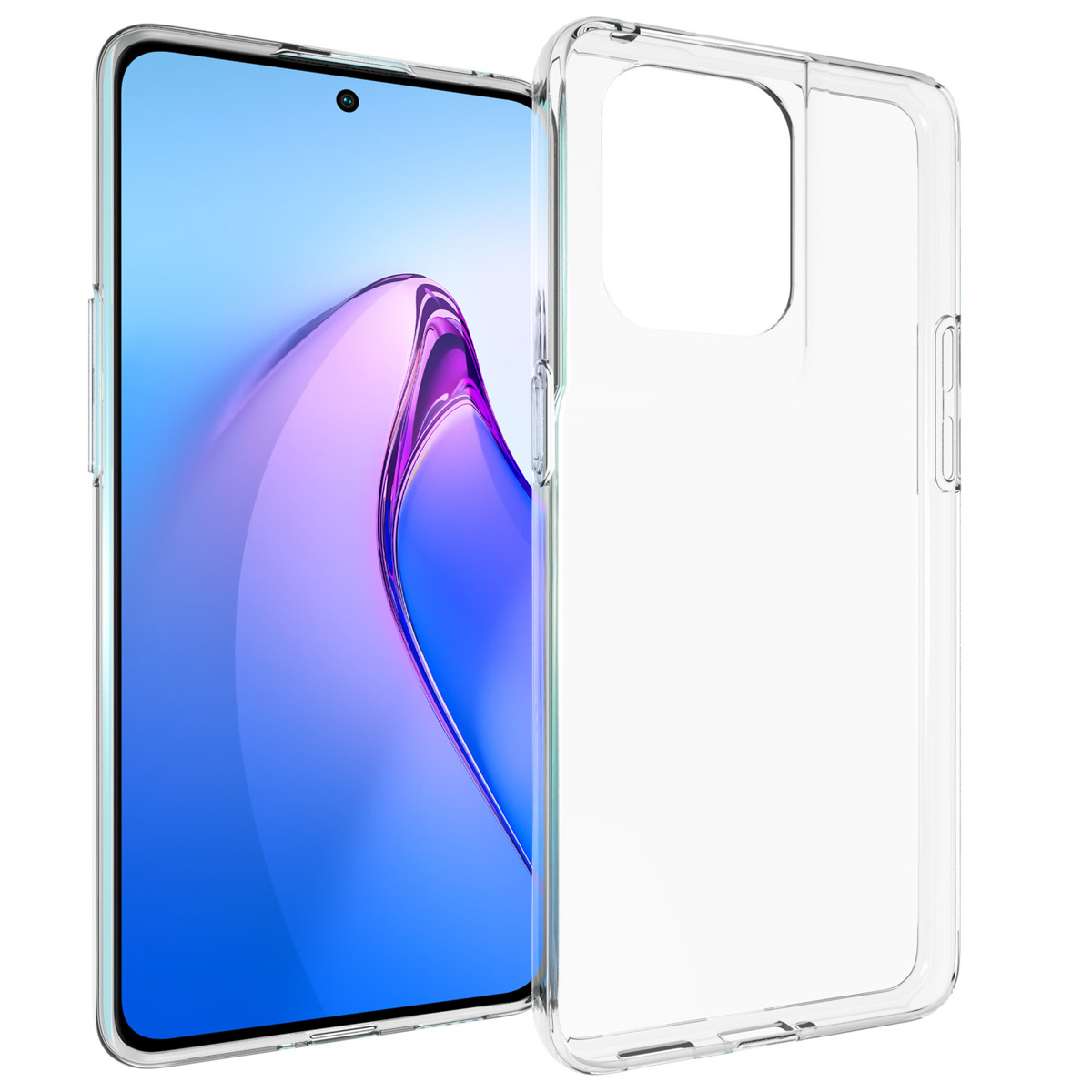 Een smartphone met een doorzichtige beschermhoes. Het scherm toont een blauwe en paarse gradiënt. De hoes is transparant.