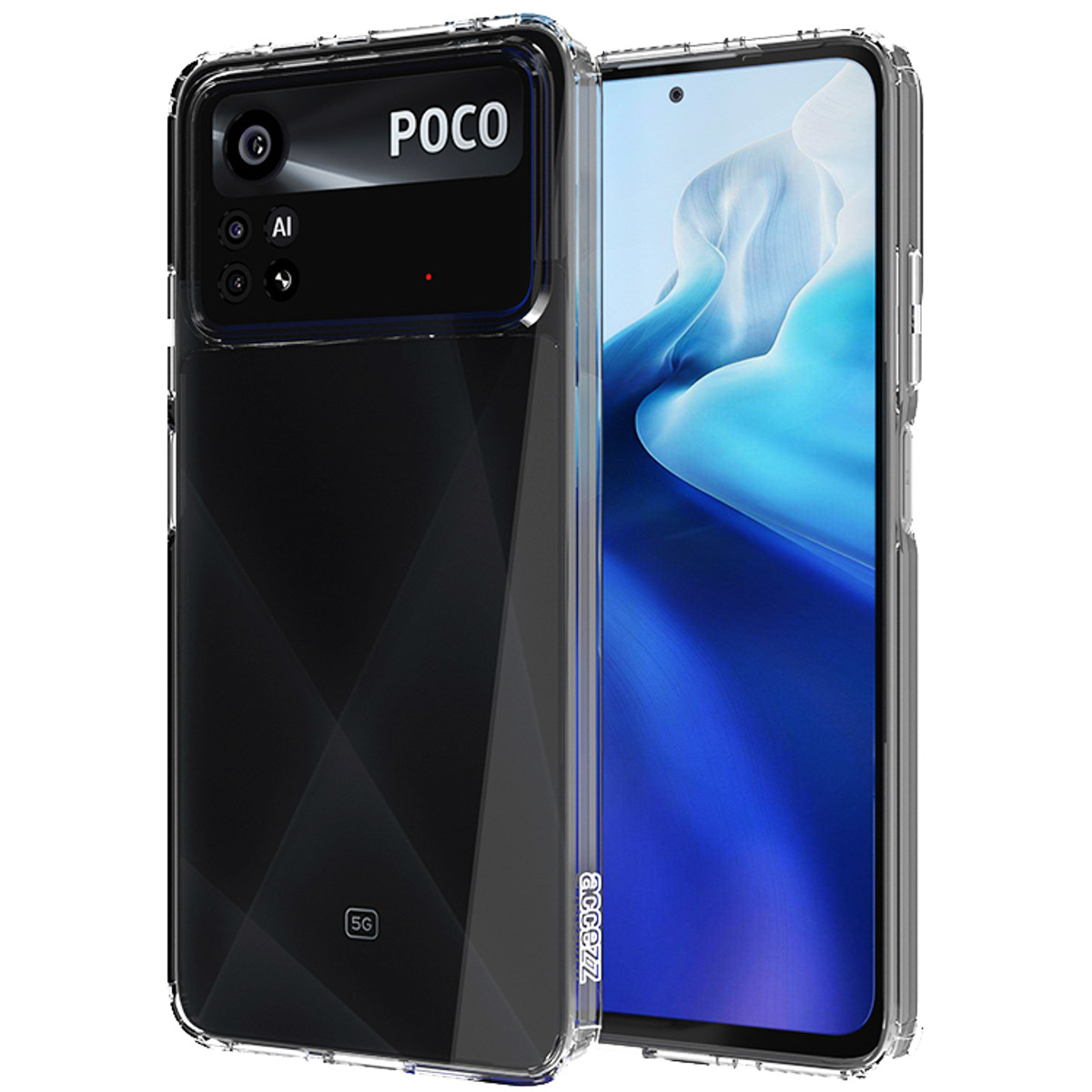 Un smartphone dans une coque transparente. Le téléphone a un dos noir avec le logo POCO. L'écran affiche une image abstraite bleue.