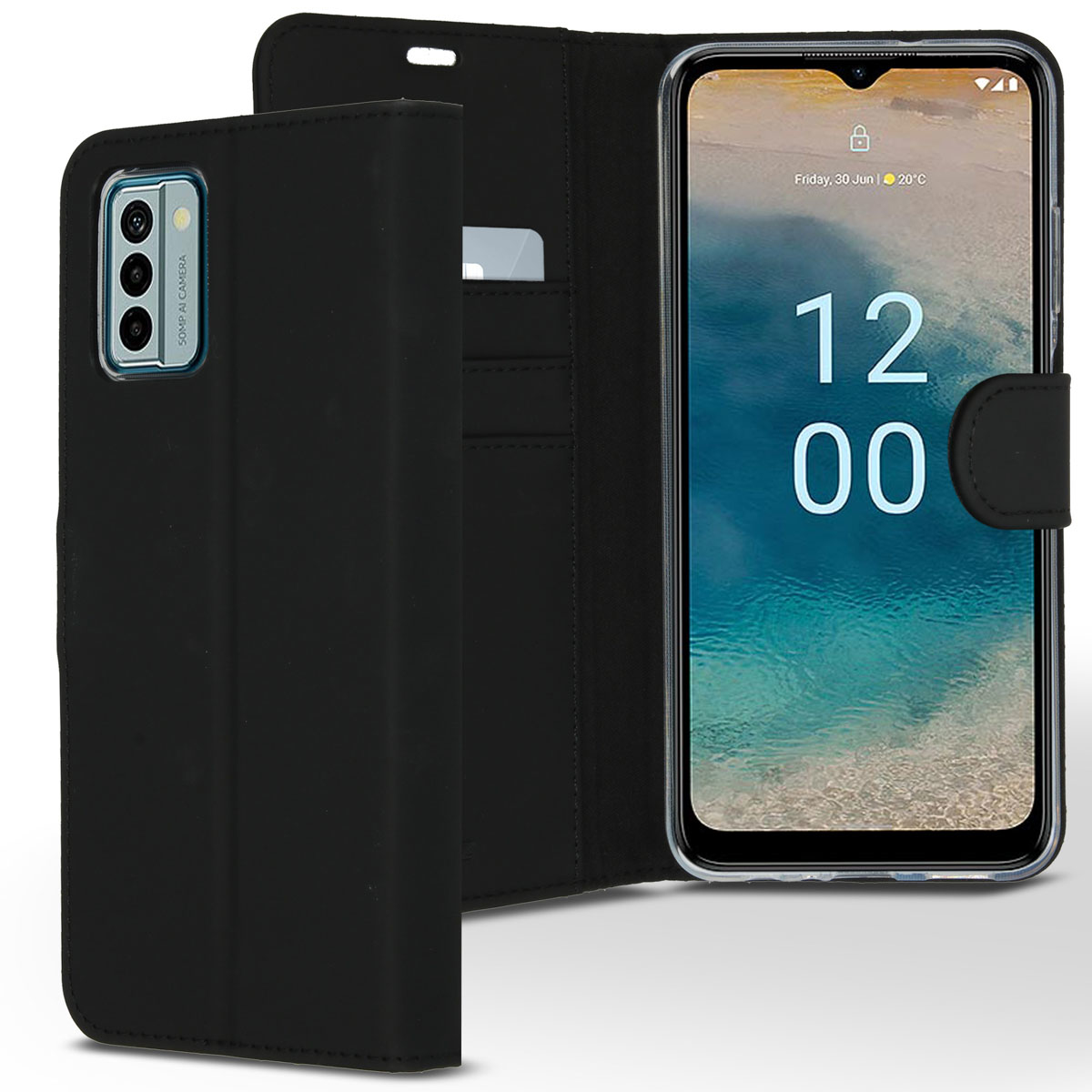 Étui de téléphone noir ouvert, affichant l'écran du smartphone à 12h00. L'étui a des fentes pour cartes.