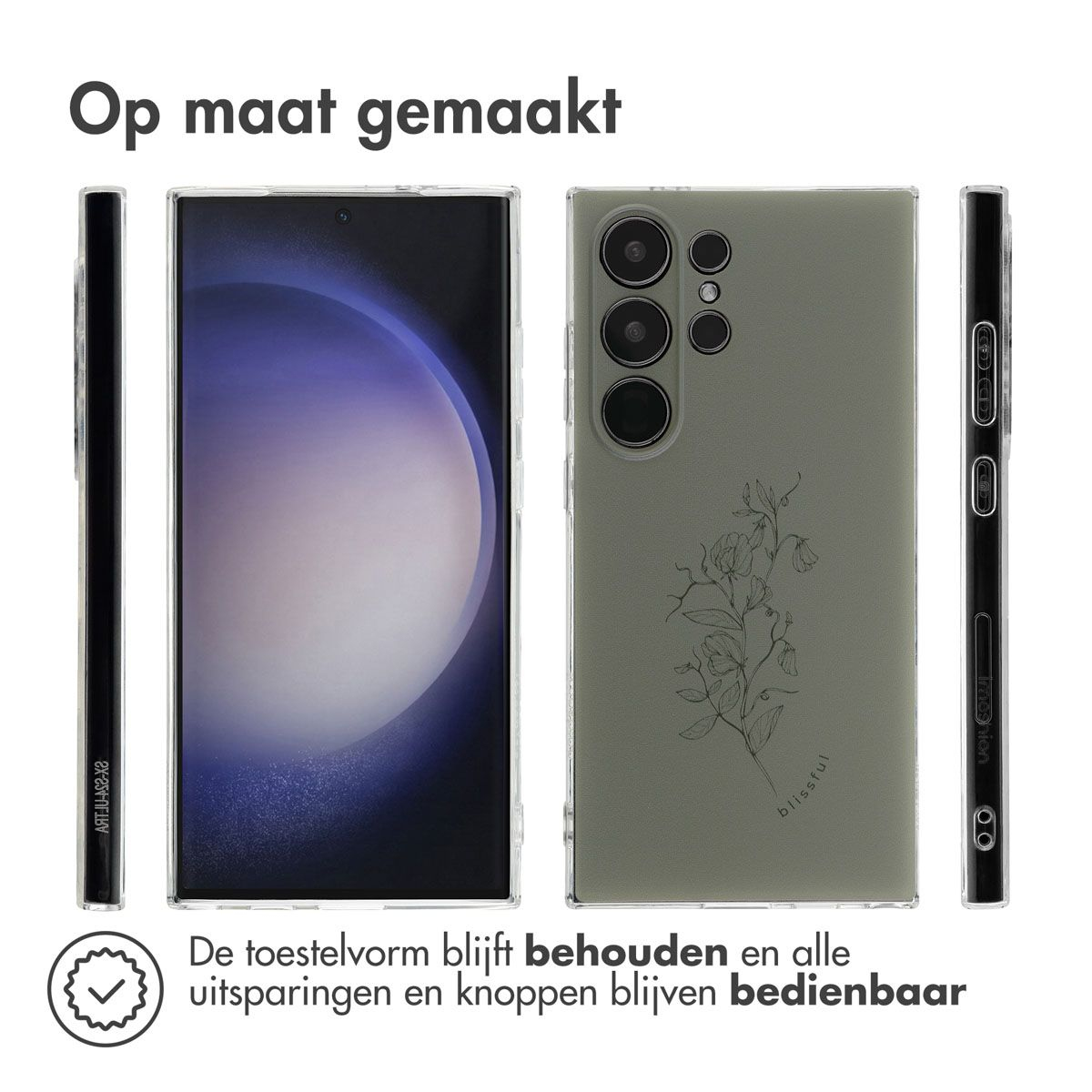 Een telefoonhoesje met een bloemenontwerp op een groene achtergrond. De telefoon zit in een doorzichtige hoes. Teksten zijn: Op maat gemaakt, blissful, Imoshion.