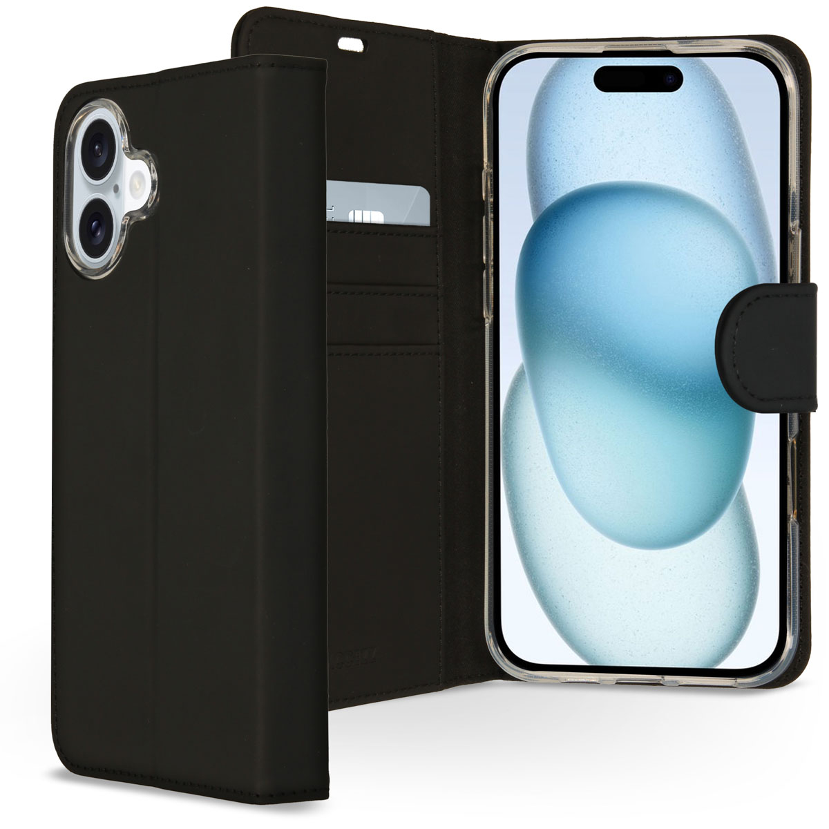 Custodia nera con telefono. Il telefono mostra uno sfondo astratto blu e bianco. Una carta di credito è nella custodia.