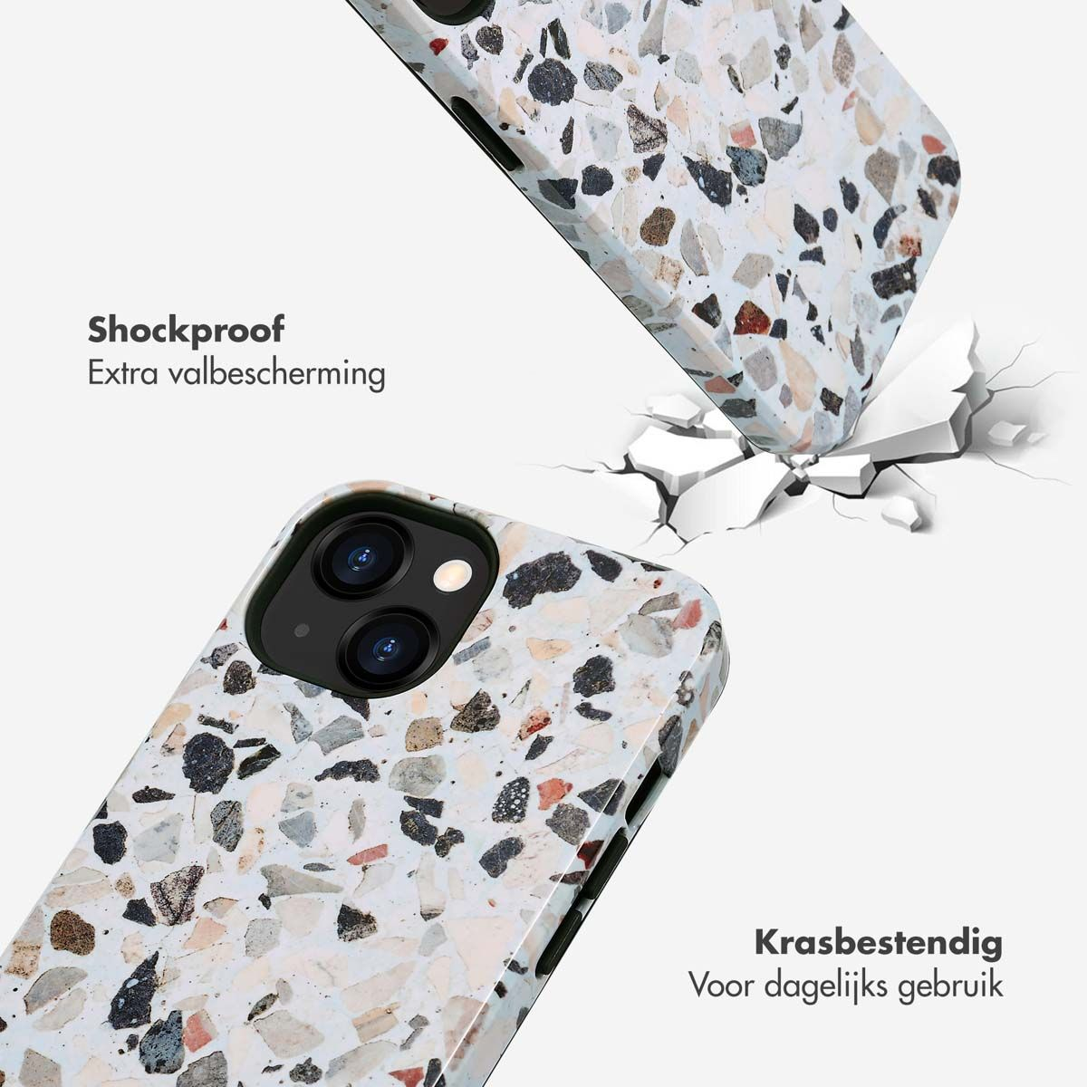 Deux coques de téléphone avec motif terrazzo. L'une tombe, frappe le sol et le brise. Texte: Résistant aux chocs et aux rayures.