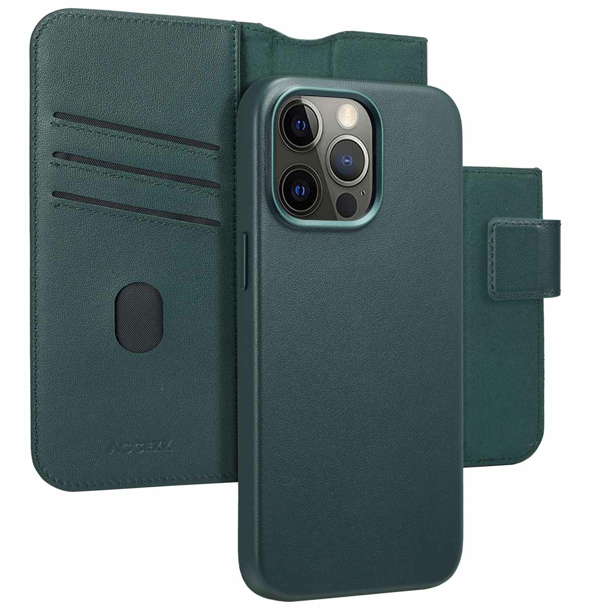 Una custodia per telefono verde scuro con funzione portafoglio. La custodia ha un telefono e slot per schede. Lo sfondo è bianco.