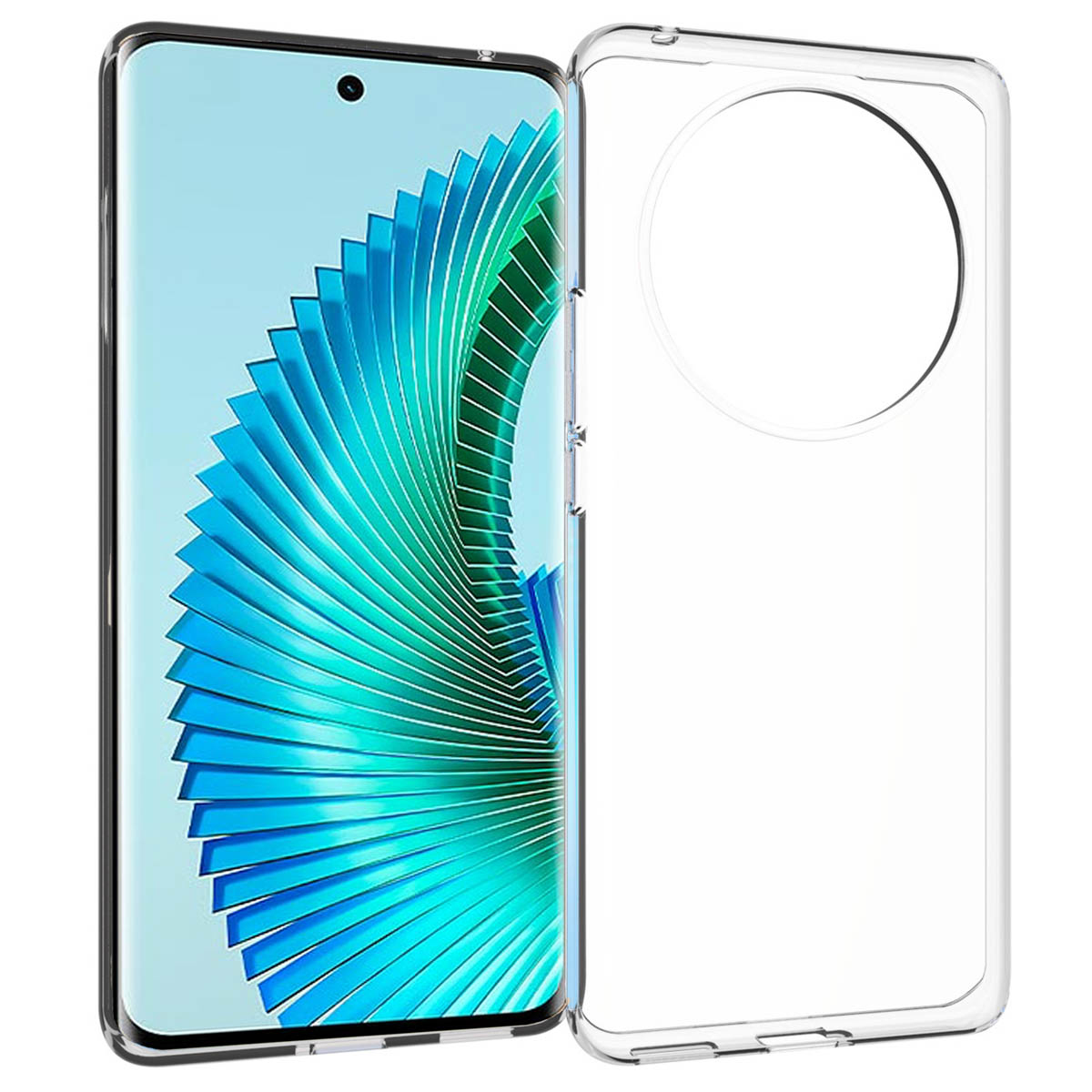 Un smartphone avec un écran affichant des motifs bleus et verts, à côté d'une coque transparente.
