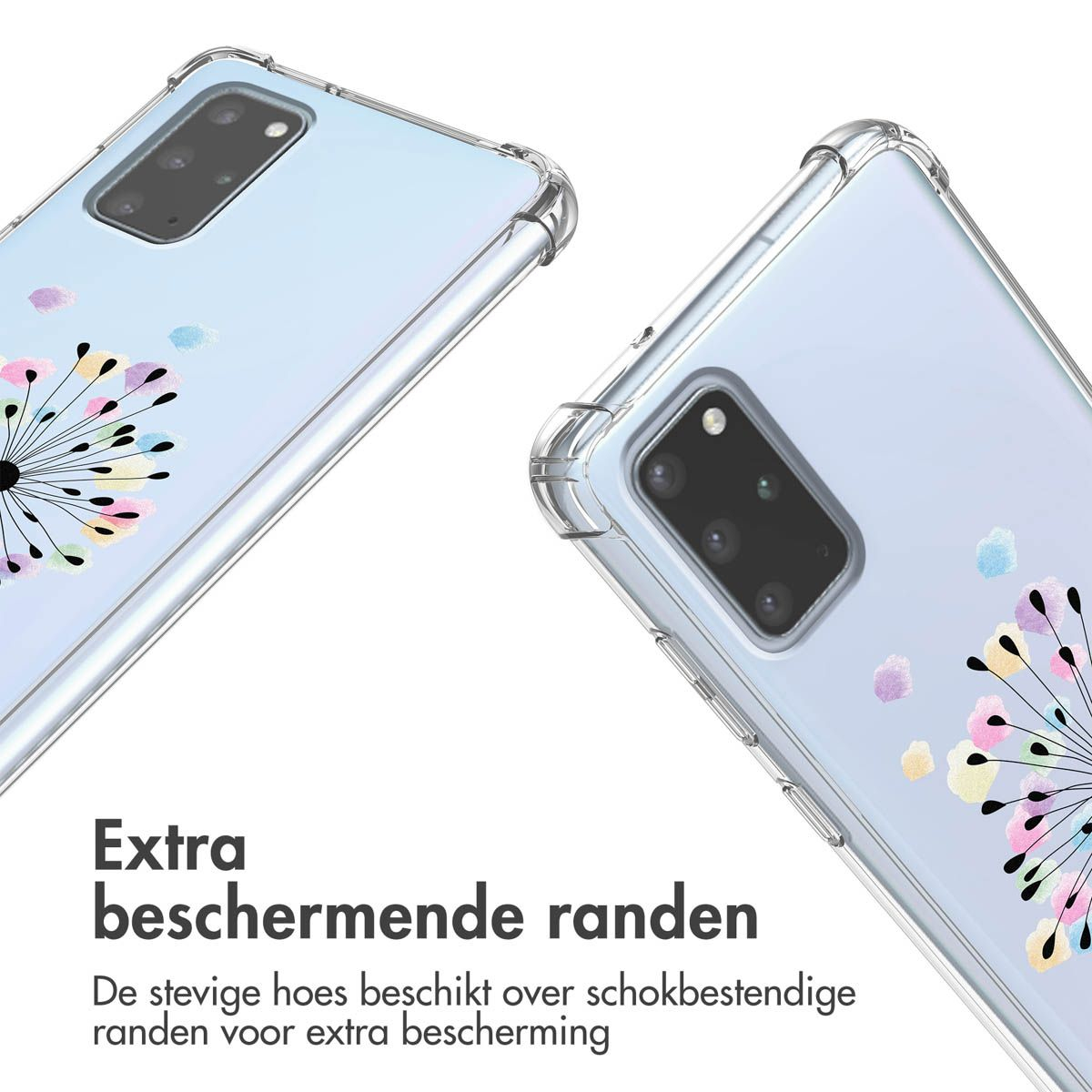 Deux coques de téléphone transparentes avec un motif floral. Texte : Bords protecteurs supplémentaires. Les coques montrent un téléphone.