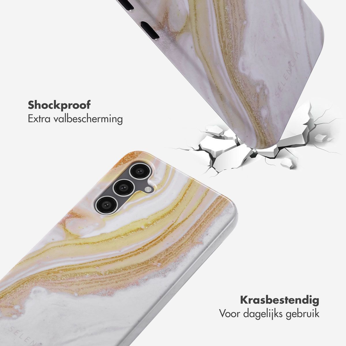 Telefoonhoesjes met marmerdesign, een die valt, een oppervlak kraakt. Teksten: Schokbestendig, extra bescherming.