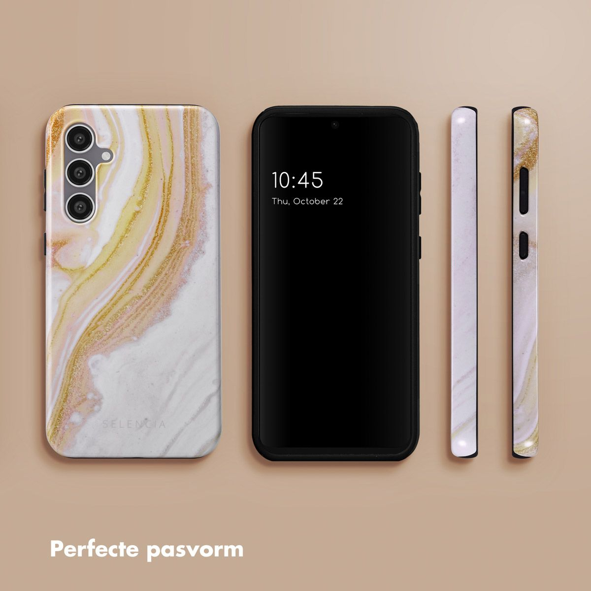 Een telefoon en de hoes worden getoond. De hoes heeft een marmeren ontwerp. De telefoon toont de tijd: 10:45.