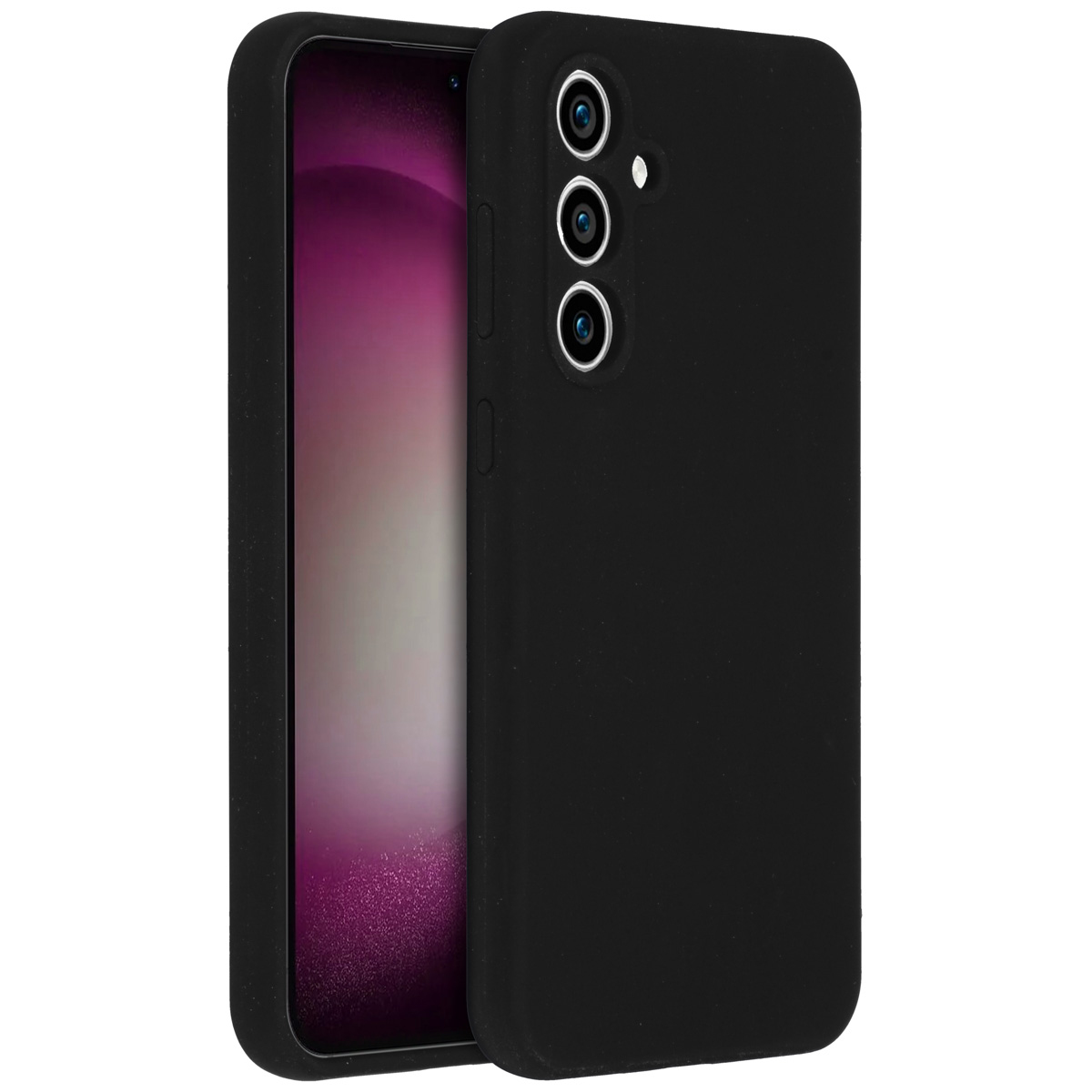 Een zwarte telefoonhoes met een telefoon erin. Het telefoonscherm toont een paarse gradiënt. De hoes heeft uitsparingen voor de camera.