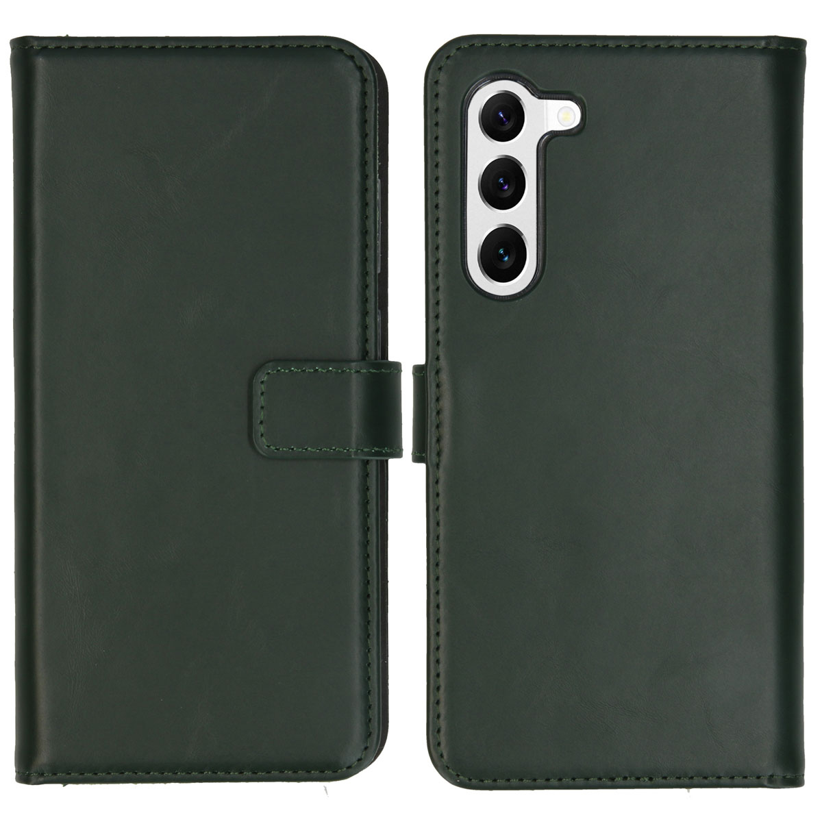Groene leren telefoonhoes open. De rechterkant toont de camera van de telefoon, de linkerkant heeft een flap.