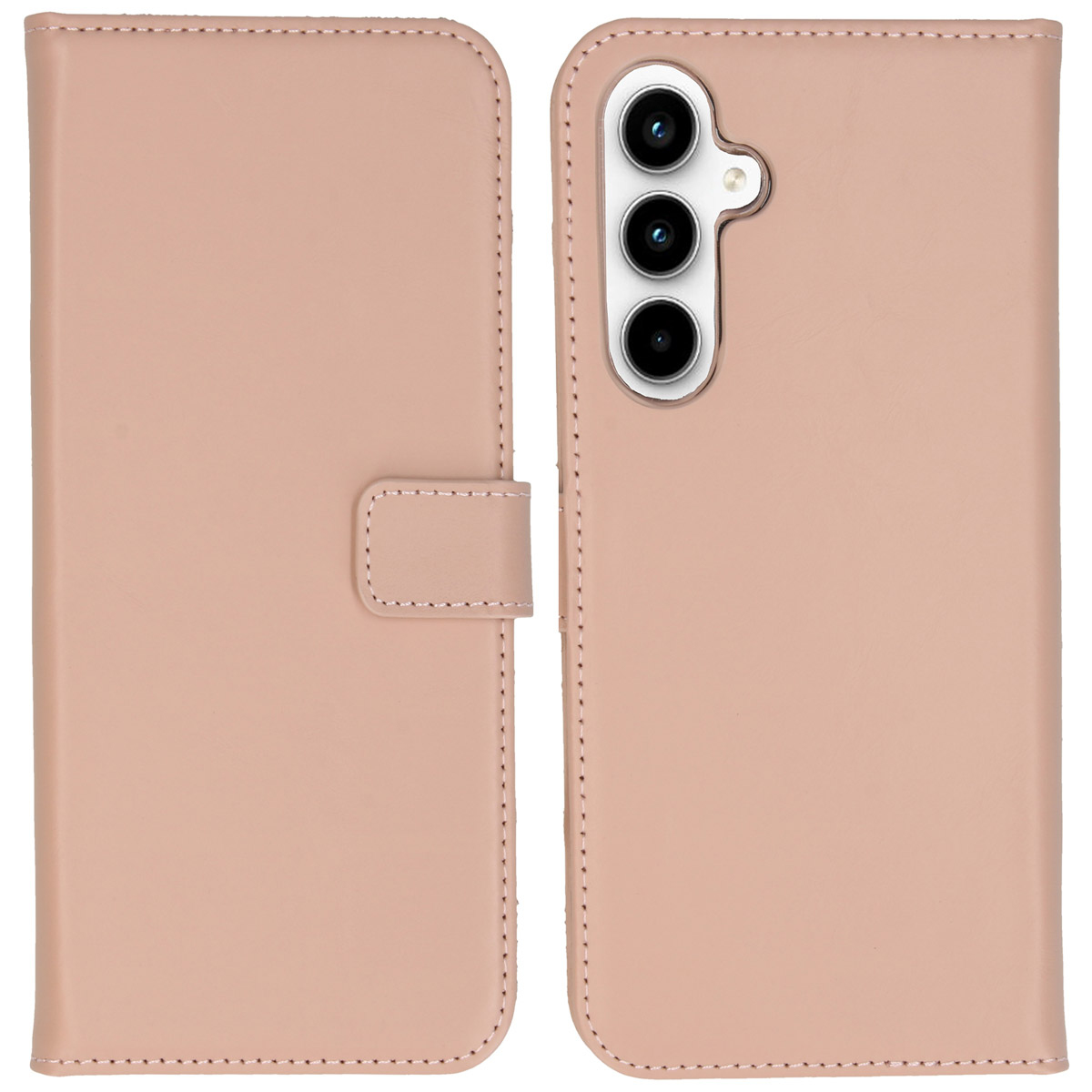 Un étui de téléphone rose clair, ouvert. Le côté gauche est un couvercle avec un fermoir, et le côté droit a trois caméras.