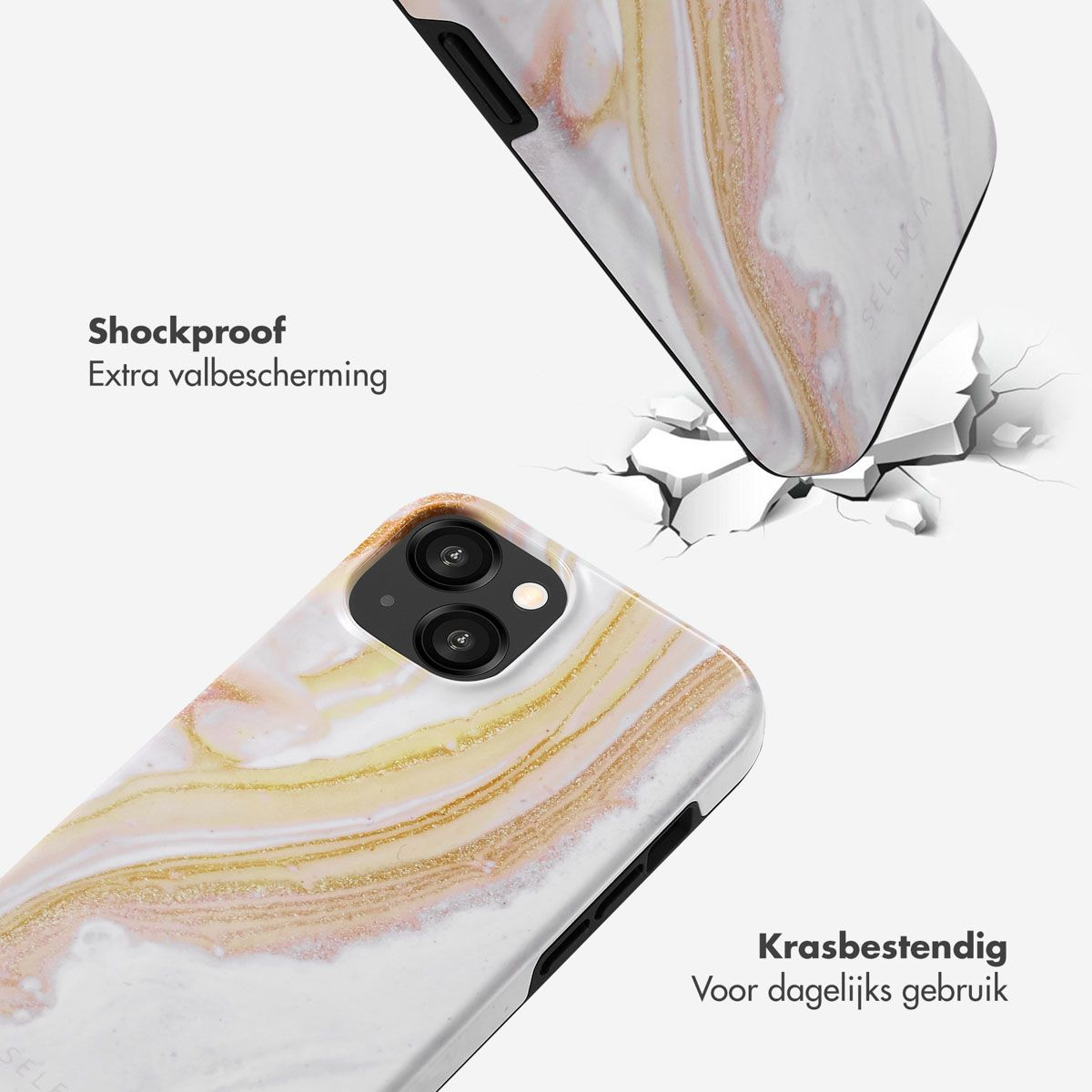 Two phone cases with marble design are shown. One is breaking a surface. Text says 'Shockproof' and 'Scratch resistant'.