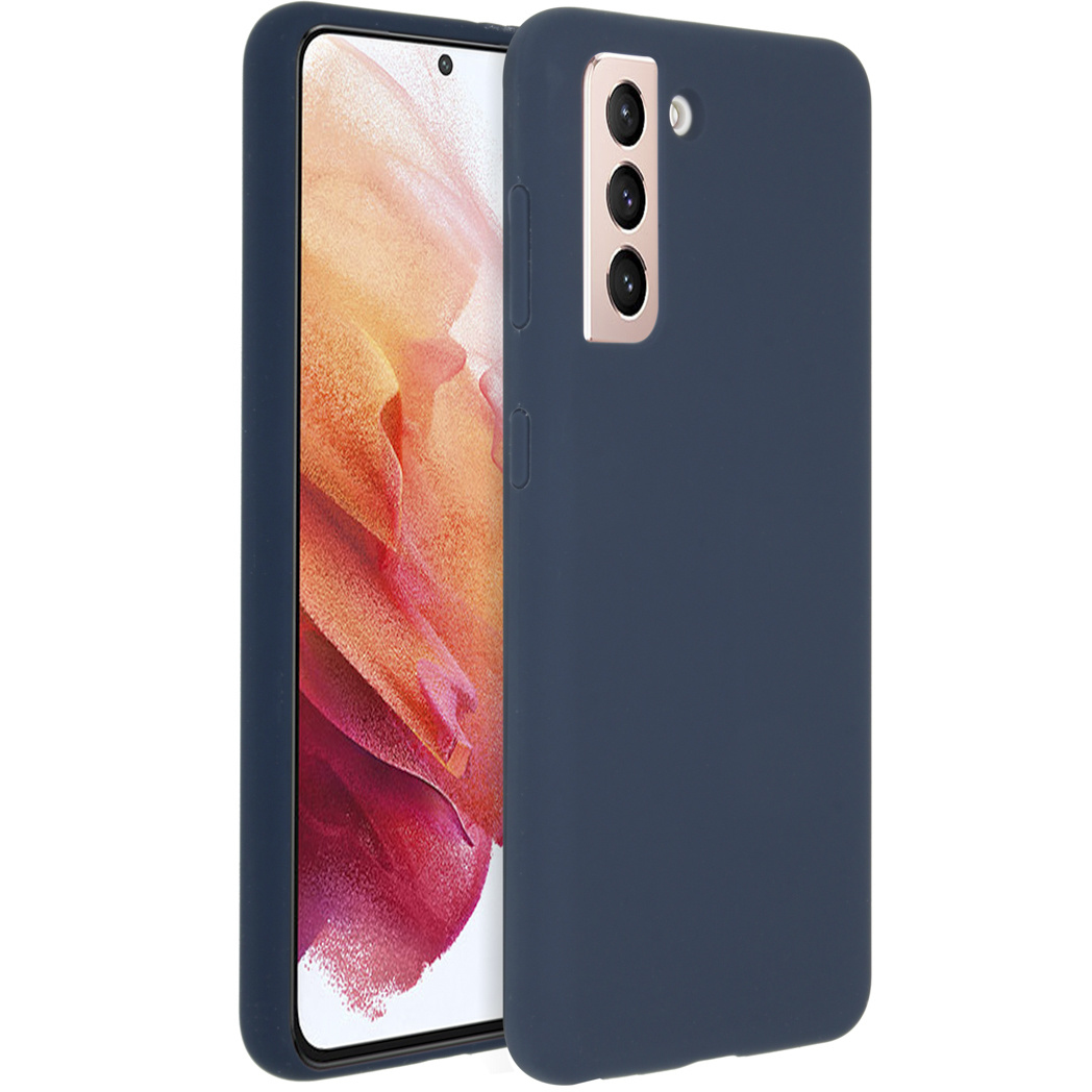 Un étui de téléphone bleu marine est présenté avec un téléphone à l'intérieur. Le téléphone a un fond rose-rouge. L'étui est à droite et à gauche.