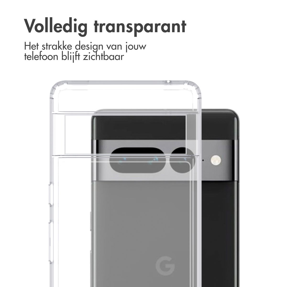 Una custodia trasparente per telefono su un telefono grigio. Il telefono ha una barra della fotocamera. Il testo in alto dice 'Completamente trasparente'.