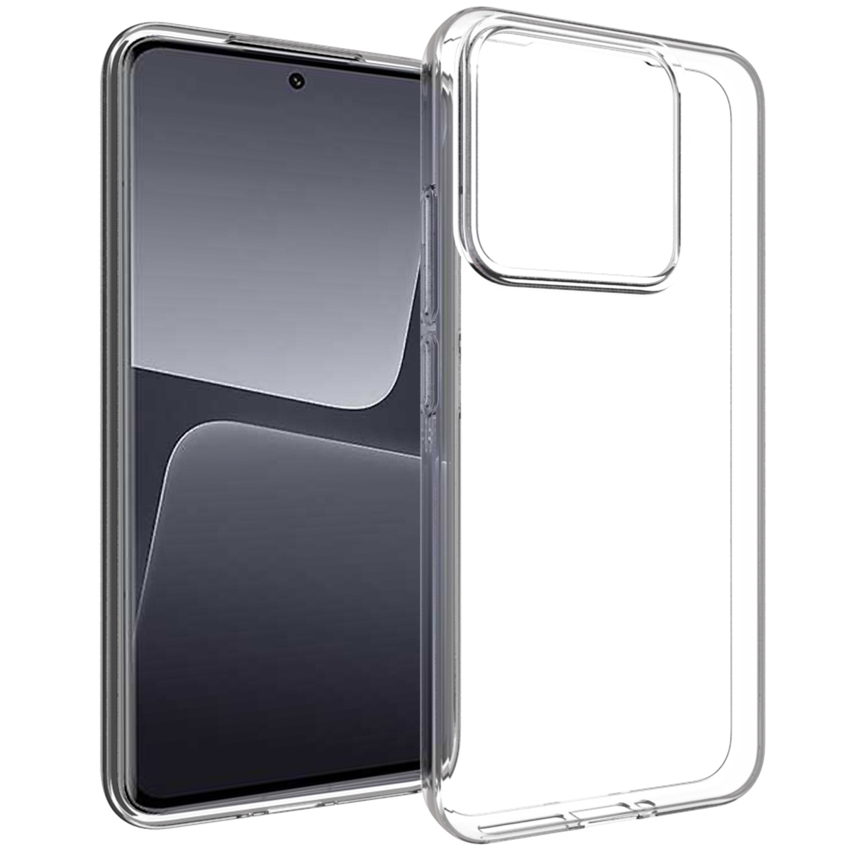 Una custodia trasparente per telefono accanto a uno smartphone nero. La custodia è trasparente e lo schermo è scuro.