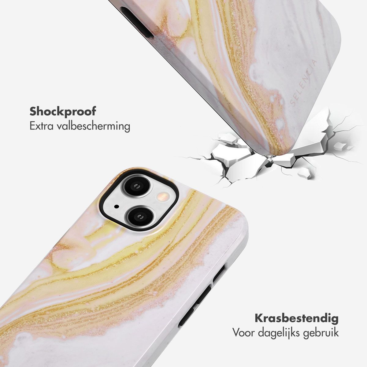 Deux coques de téléphone avec un motif marbré sont présentées. L'une brise une surface. Le texte indique antichoc et résistant aux rayures.