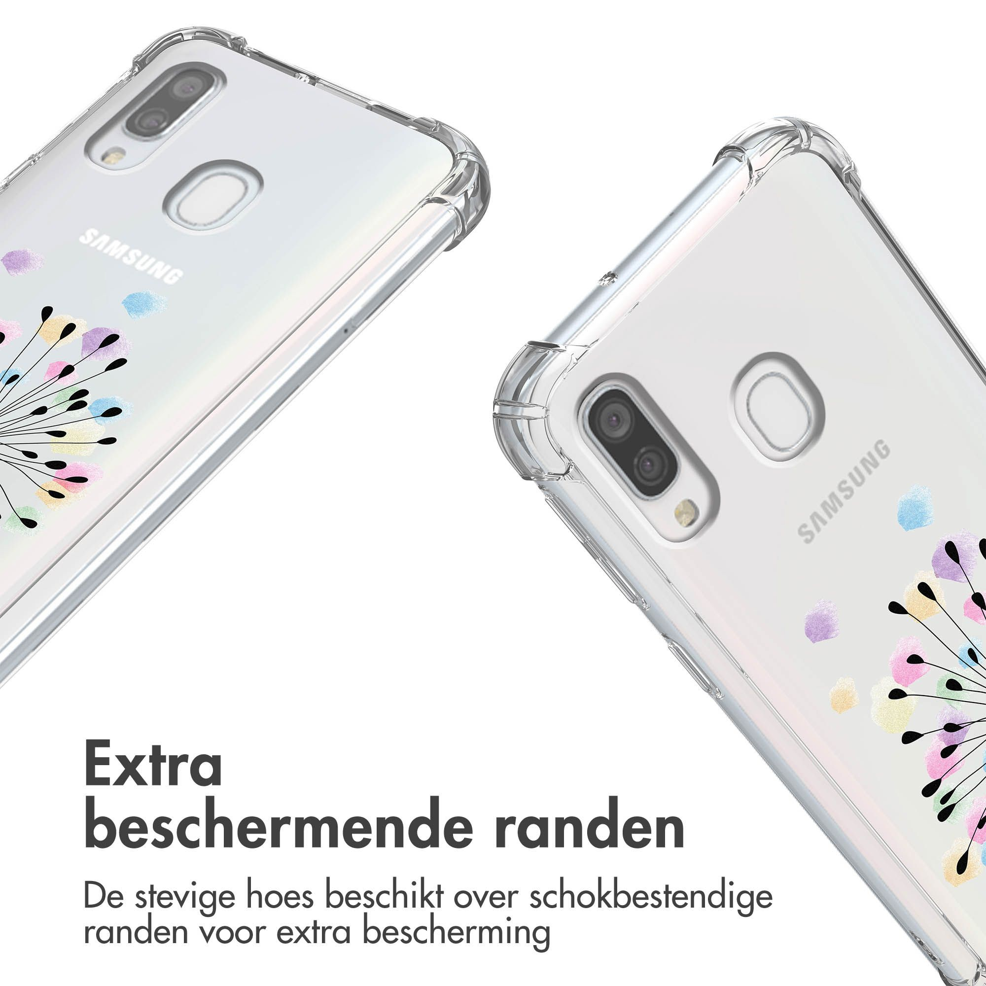 Two clear phone cases with floral designs and Samsung logo. One is angled, showing the camera and edges.