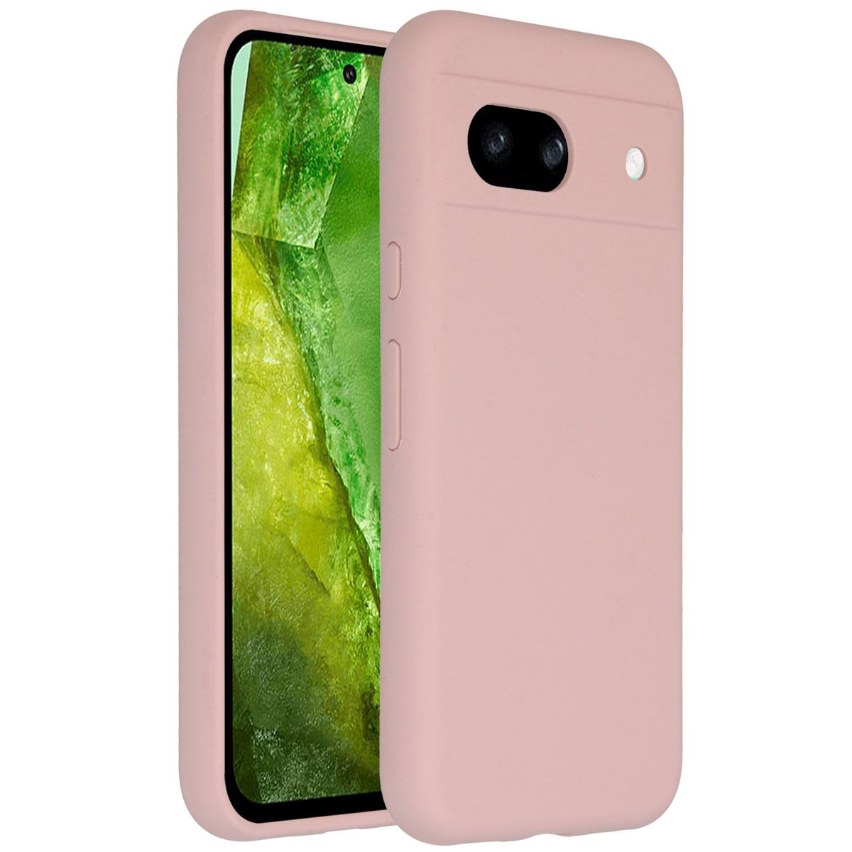 Een roze telefoonhoesje met een telefoon erin. Het telefoonscherm toont een groen en geel patroon. De hoes heeft cameragaten.