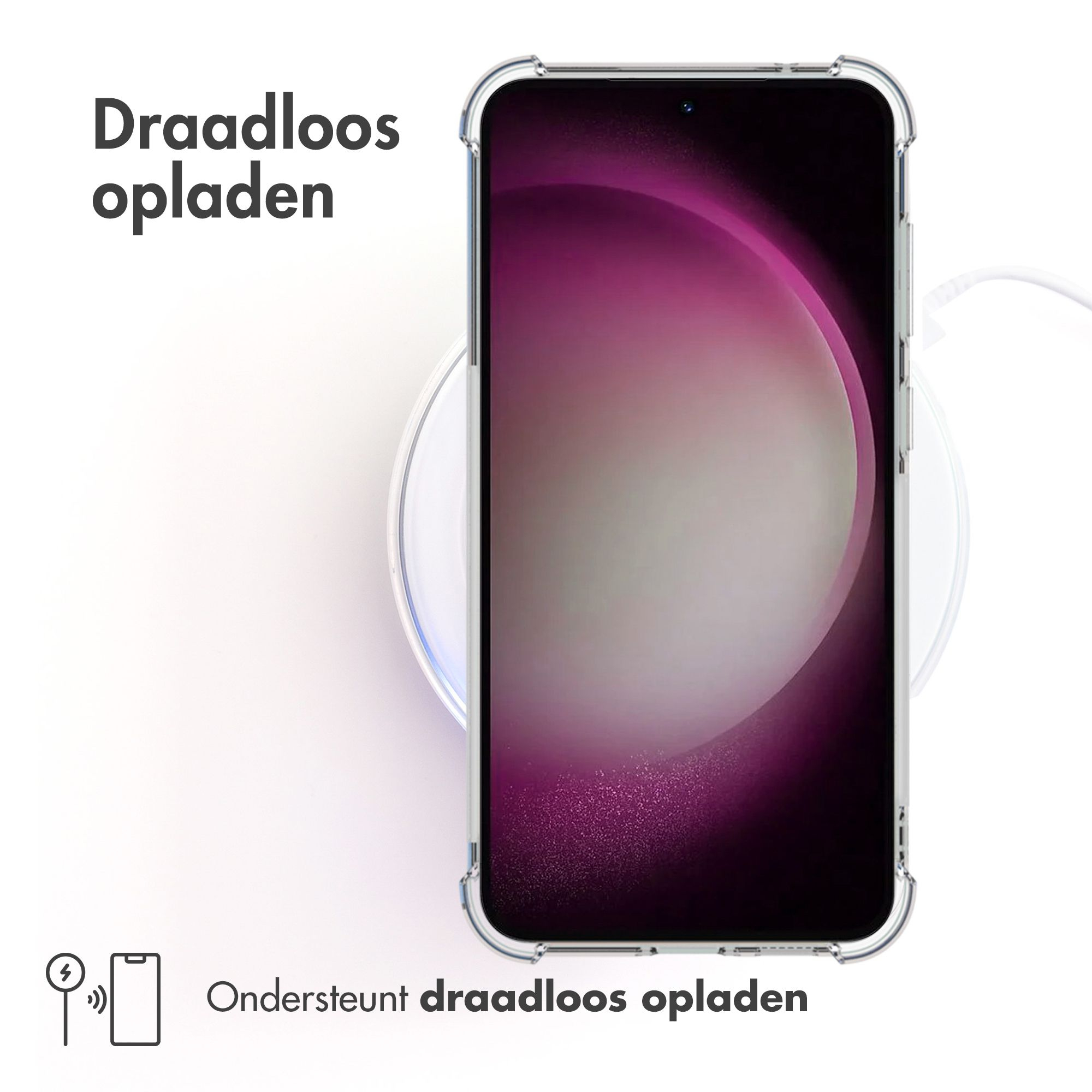 Ein Telefon in einer Hülle auf einem kabellosen Ladegerät. Text: 'Kabelloses Laden'.