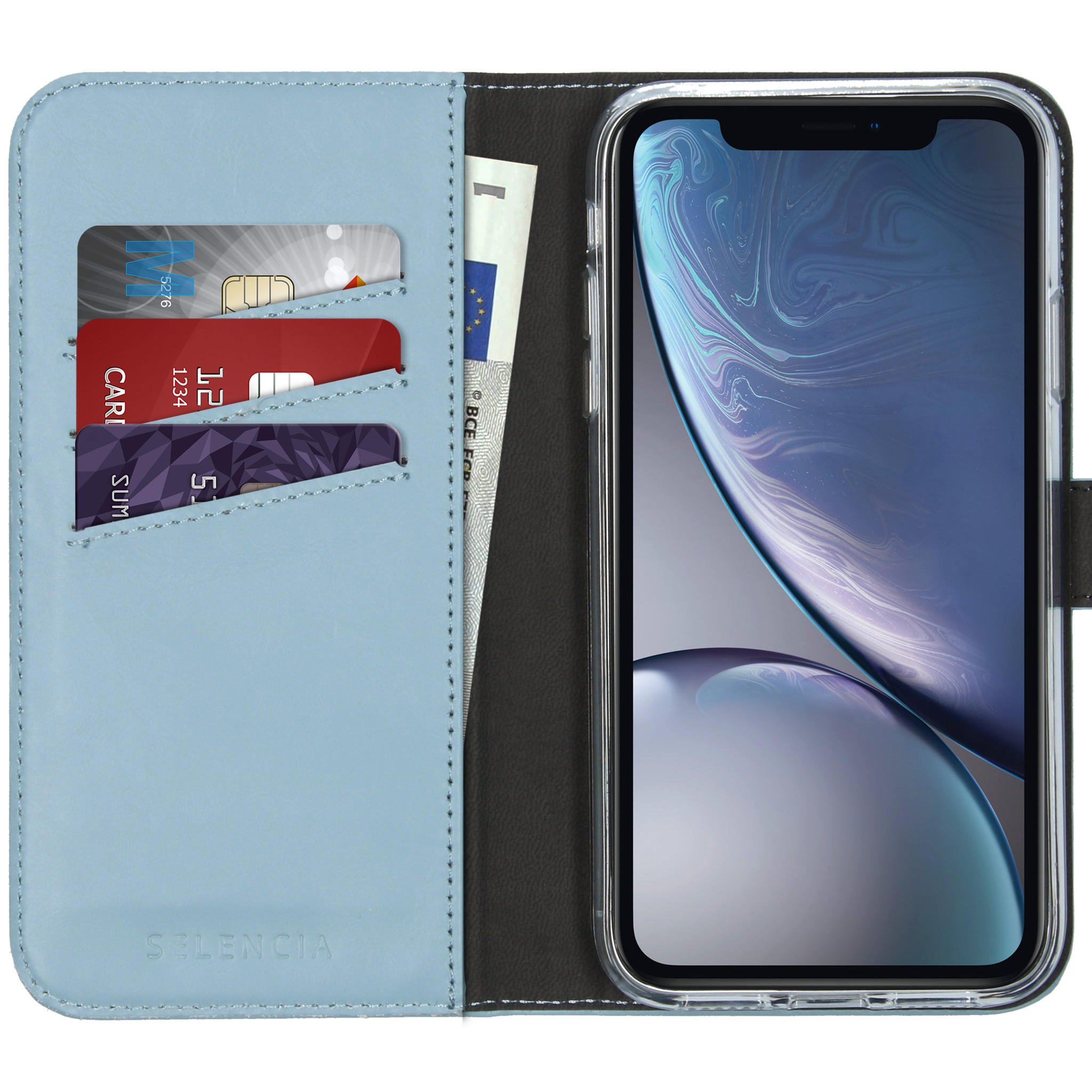 Blauwe telefoonhoes met kaarten en geld. Er zit een iPhone in de hoes. De hoes is open.