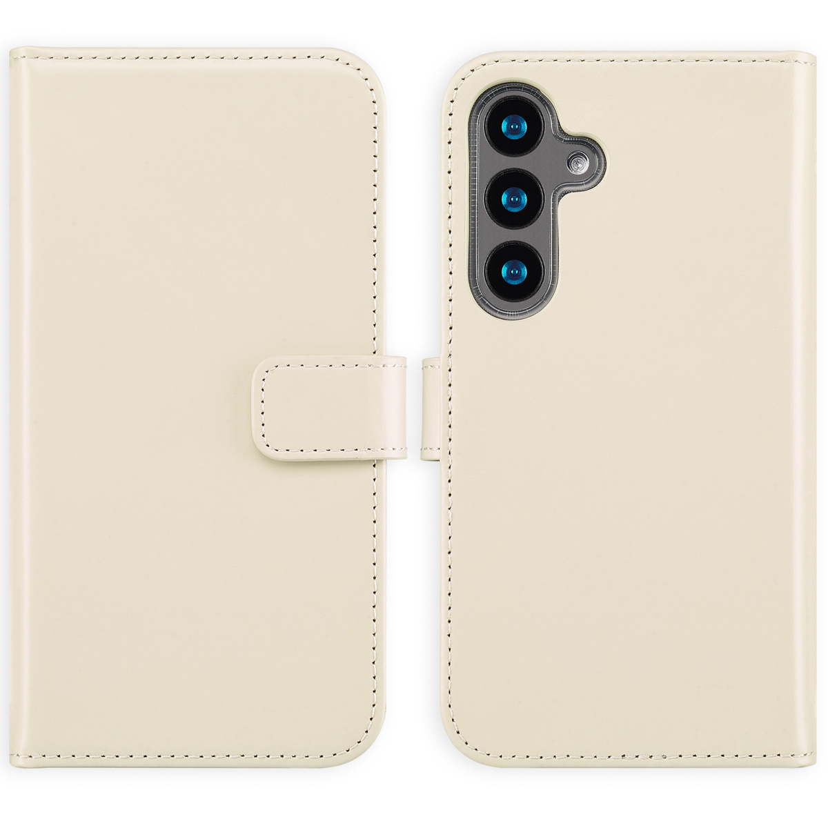 Een beige telefoonhoesje met een cameramodule. De hoes is open, met de binnenkant en een magnetische sluiting.