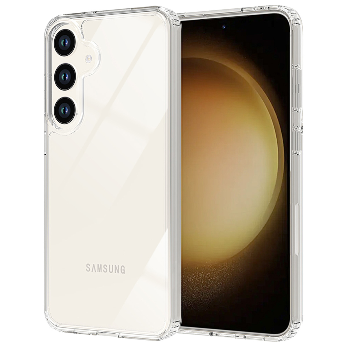 Una custodia trasparente per telefono con un telefono Samsung all'interno. Il telefono ha tre fotocamere. La custodia è trasparente.
