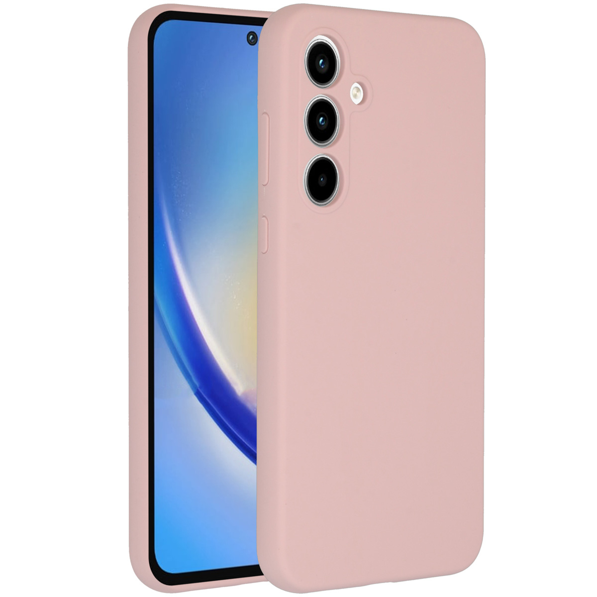 Eine rosa Handyhülle und ein Handy. Der Telefonbildschirm zeigt ein blaues und weißes Bild. Die Hülle hat drei Kameralinsen.