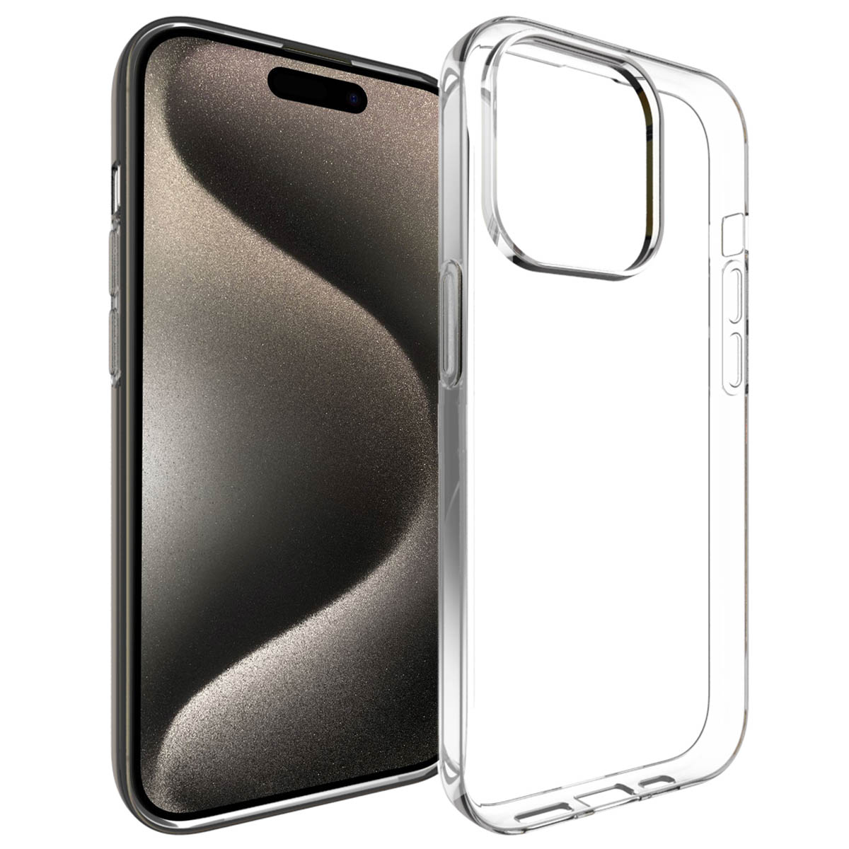 Un smartphone avec un protecteur d'écran et une coque transparente sur fond blanc.